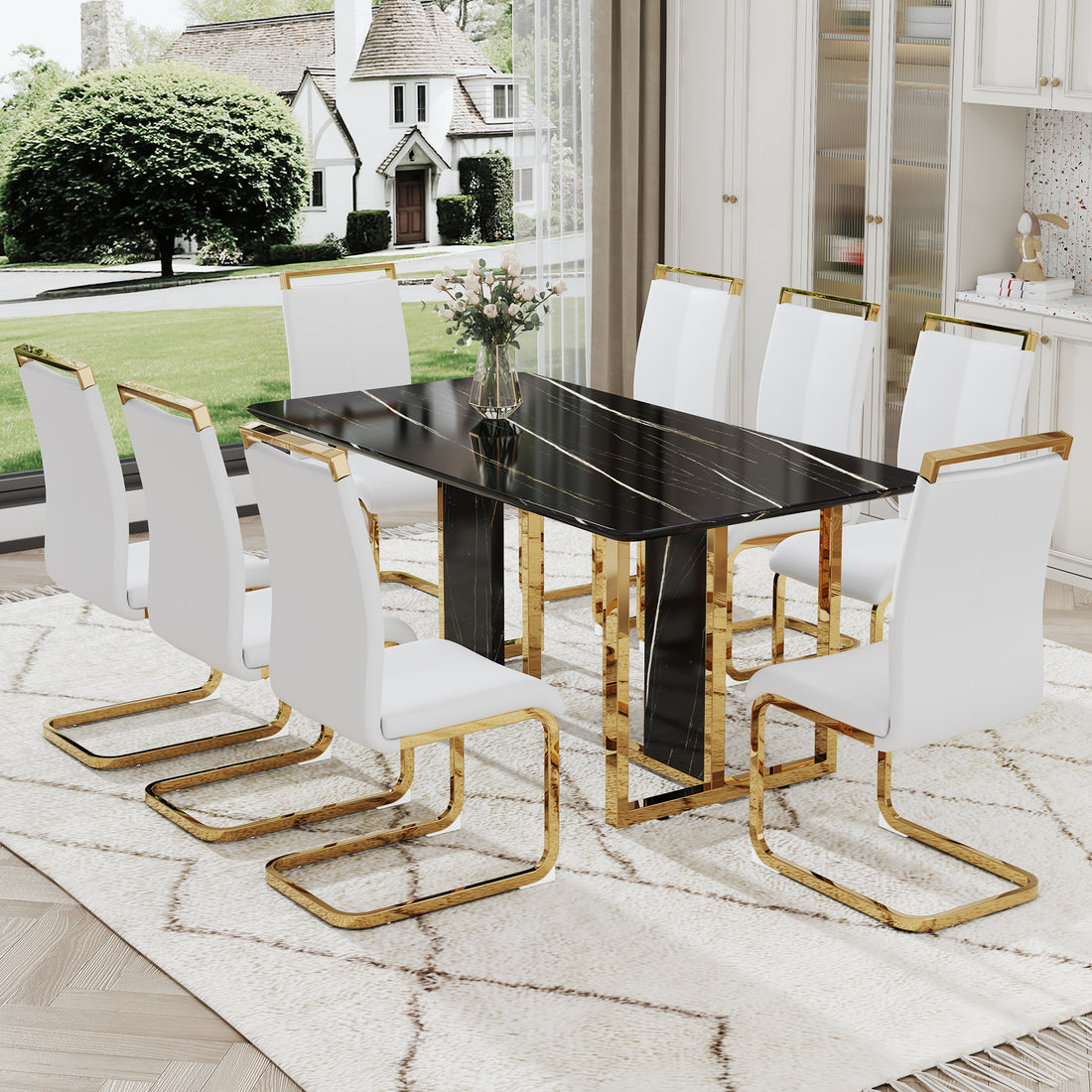 Table And Chair Set. Modern Dining Table With Mdf Top And Beautiful Mdf Legs. Equipped With Comfortable Pu Chairs And Metal Legs. Suitable For A Wide Range Of Decorative Styles. Black,White Seats 8 Mdf