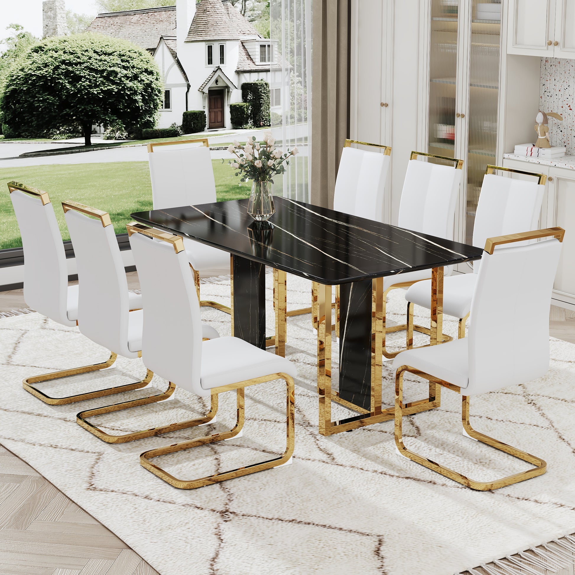 Table And Chair Set. Modern Dining Table With Mdf Top And Beautiful Mdf Legs. Equipped With Comfortable Pu Chairs And Metal Legs. Suitable For A Wide Range Of Decorative Styles. Black,White Seats 8 Mdf