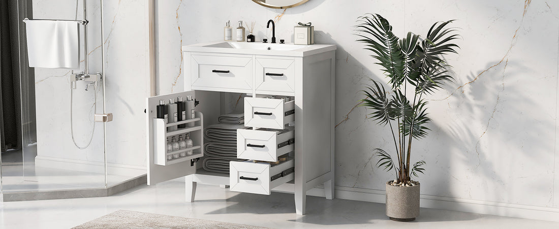 30" Bathroom Vanity With Sink Combo, White Bathroom Cabinet With Drawers, Solid Frame And Mdf Board Old Sku:N725S999222K White Solid Wood Mdf
