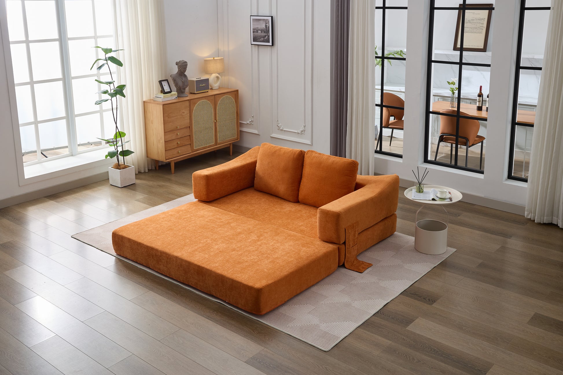 Modern Minimalist Sofa, Fold Out Sofa Bed, Convertible Chair Floor Couch & Sleeping Mattress For Living Room, Bedroom, Apartment, Removable Backrest, Orange Orange Chenille Soft Vintage Chenille 2 Seat