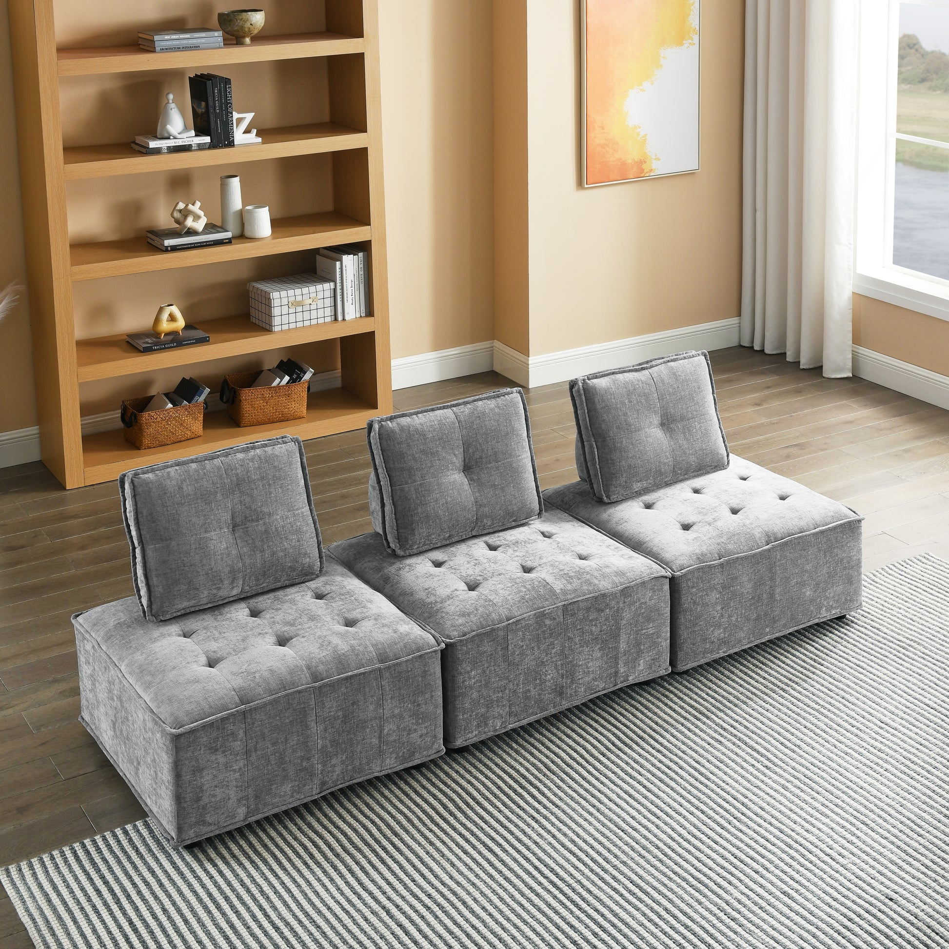 Upholstered Seating Armless Accent Chair, Leisure Sofa Lounge Chair For Living Room Corner Bedroom Office,Chenille Grey Foam