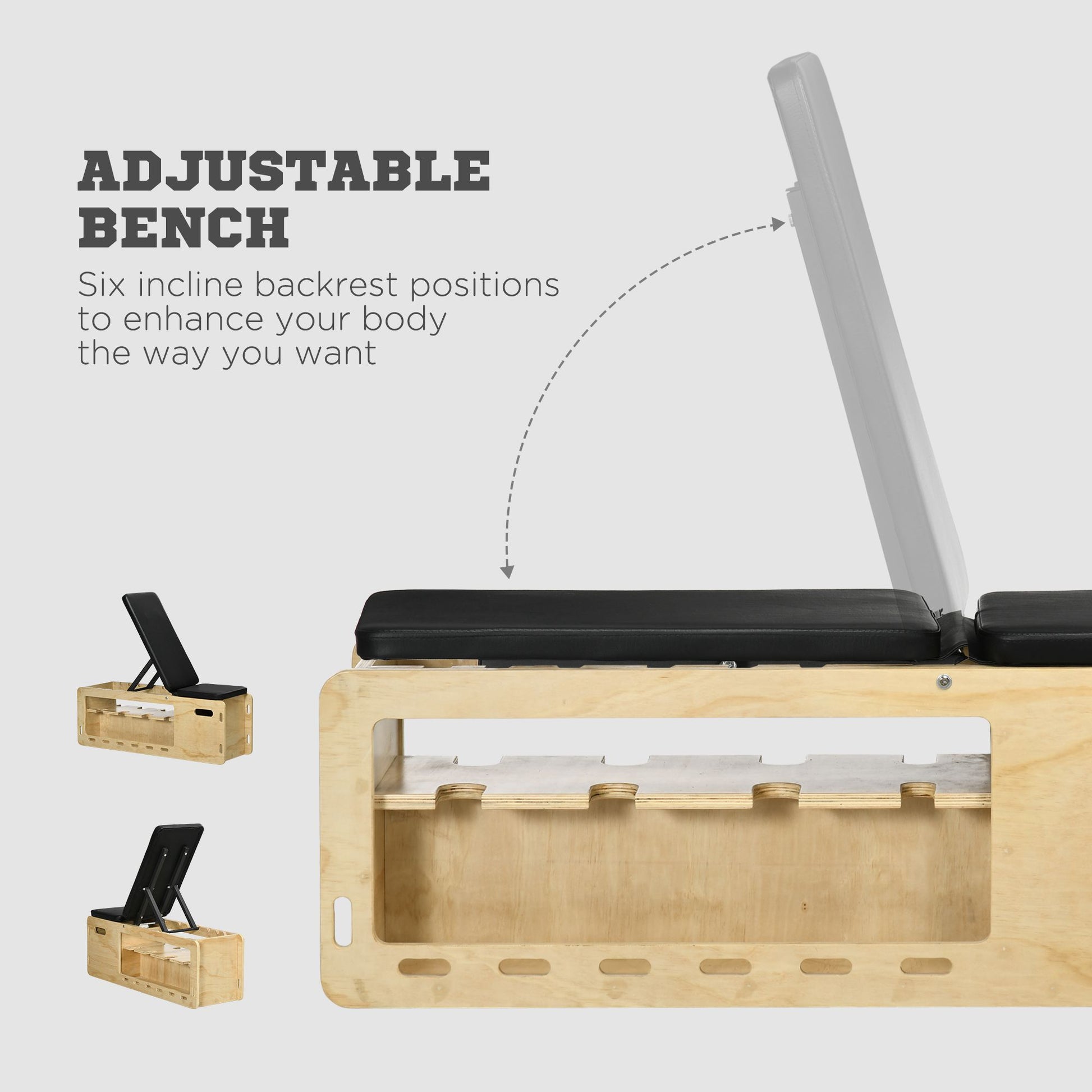Soozier Adjustable Weight Bench, Workout Bench With Storage Rack Resistance Rope, Incline Bench Weight Lifting Equipment For Home Gym Arms & Chest Strength Training Wood Wood