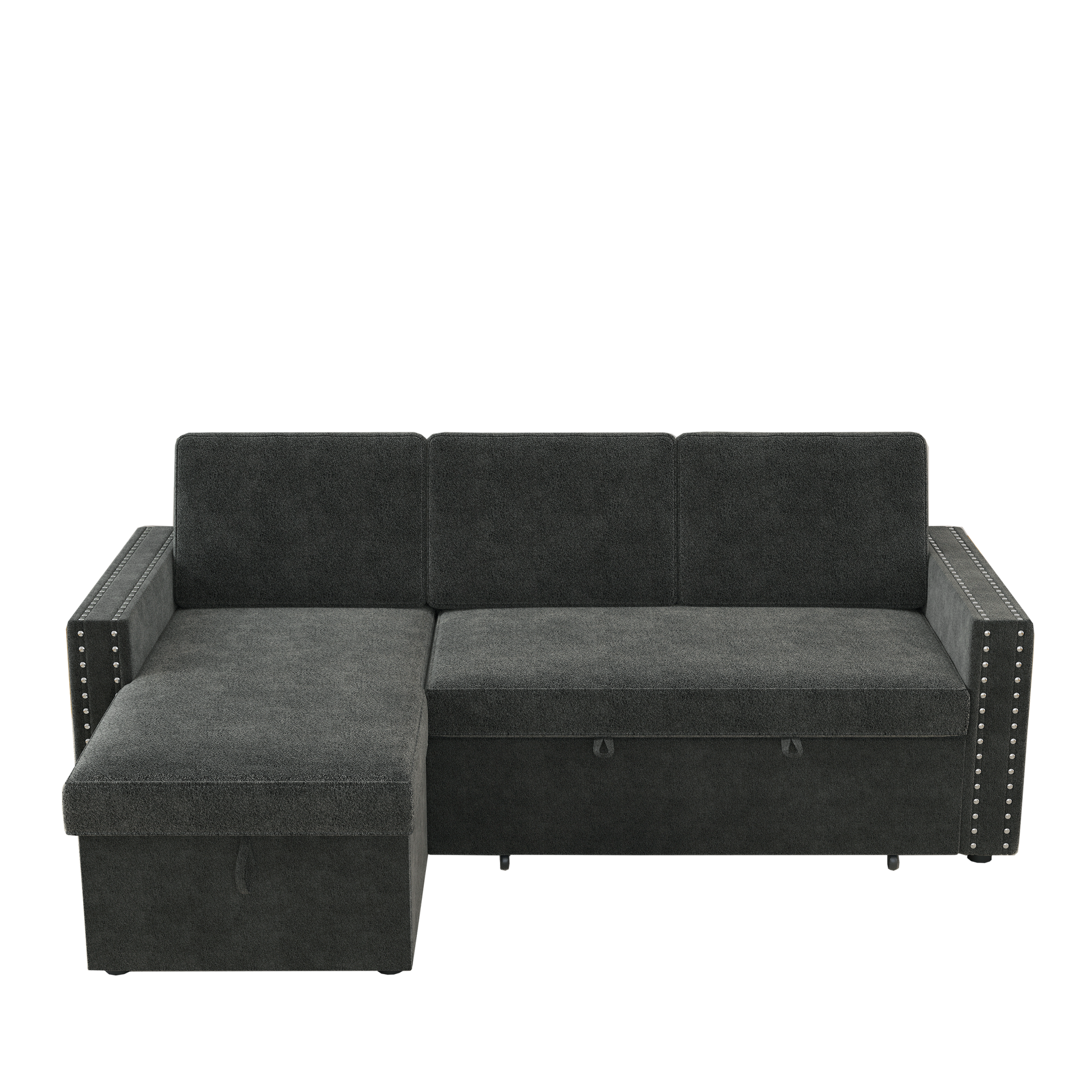 85 Inches Sofa Bed, 3 Seater Sleeper Sofa With Storage Chaise, Square Handrail With Pull And Copper Nail,Chenille Dark Grey, Pull Out Couch For Living Room Dark Grey Chenille 3 Seat