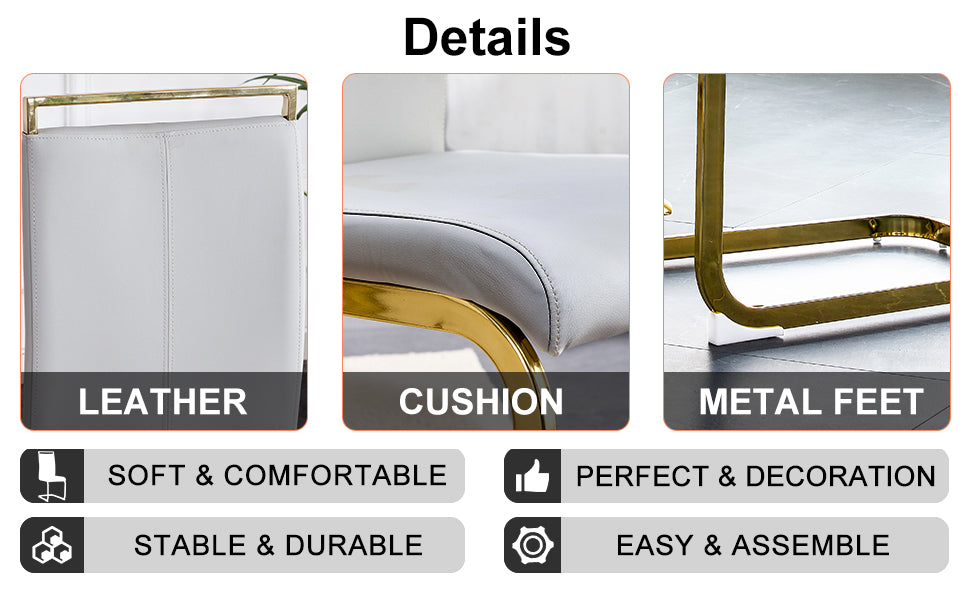 Table And Chair Set, The Table Is Equipped With A Marble Patterned Mdf Tabletop And Gold Table Legs.The Chair Is Equipped With Pu Synthetic Leather High Back Cushion And Gold Coated Metal Legs. Grey Gold Seats 4 Mdf Metal