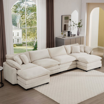 Cloud Like Comfy Soft Upholstered 4 Seater Modular Sofas With 2 Ottomans, 4 Seat U Shape Corduroy Fabric Sofa,Light Beige Corduroy Fabirc Beige Corduroy 4 Seat