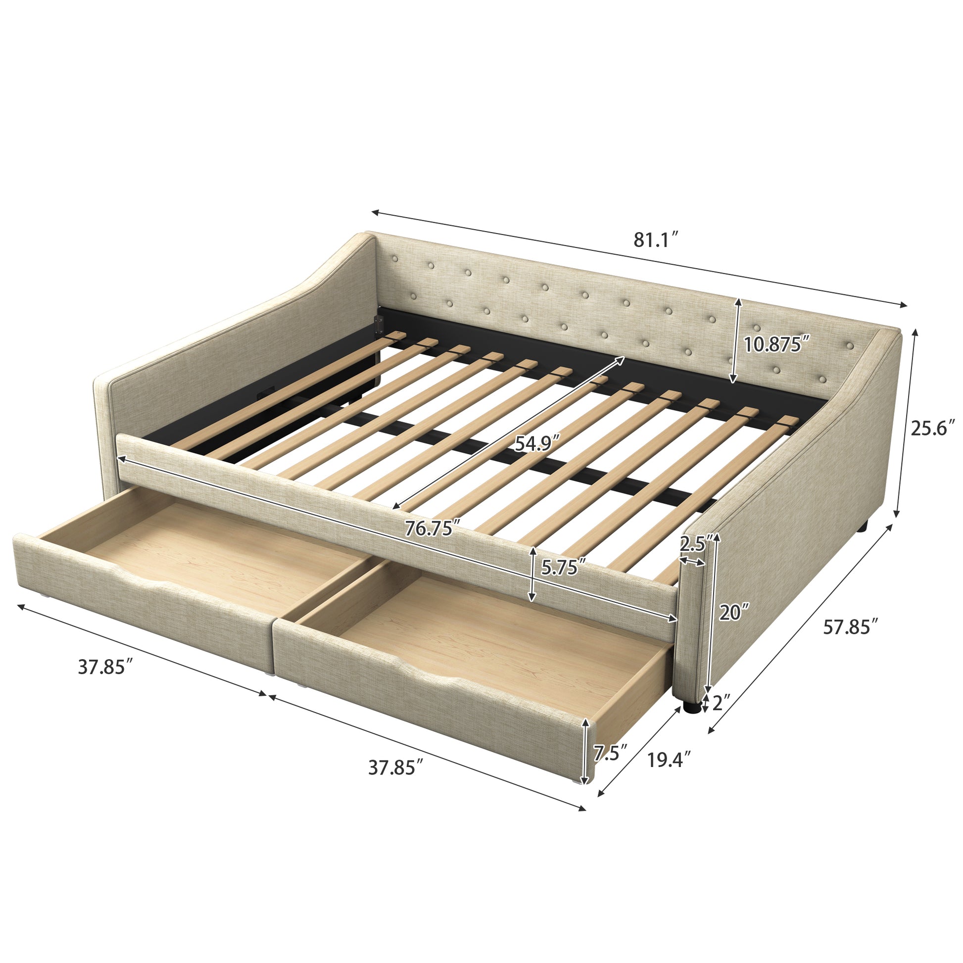 Full Size Daybed With Drawers Upholstered Tufted Sofa Bed, With Button On Back And Piping On Waved Shape Arms Beige Full Beige Wood Fabric