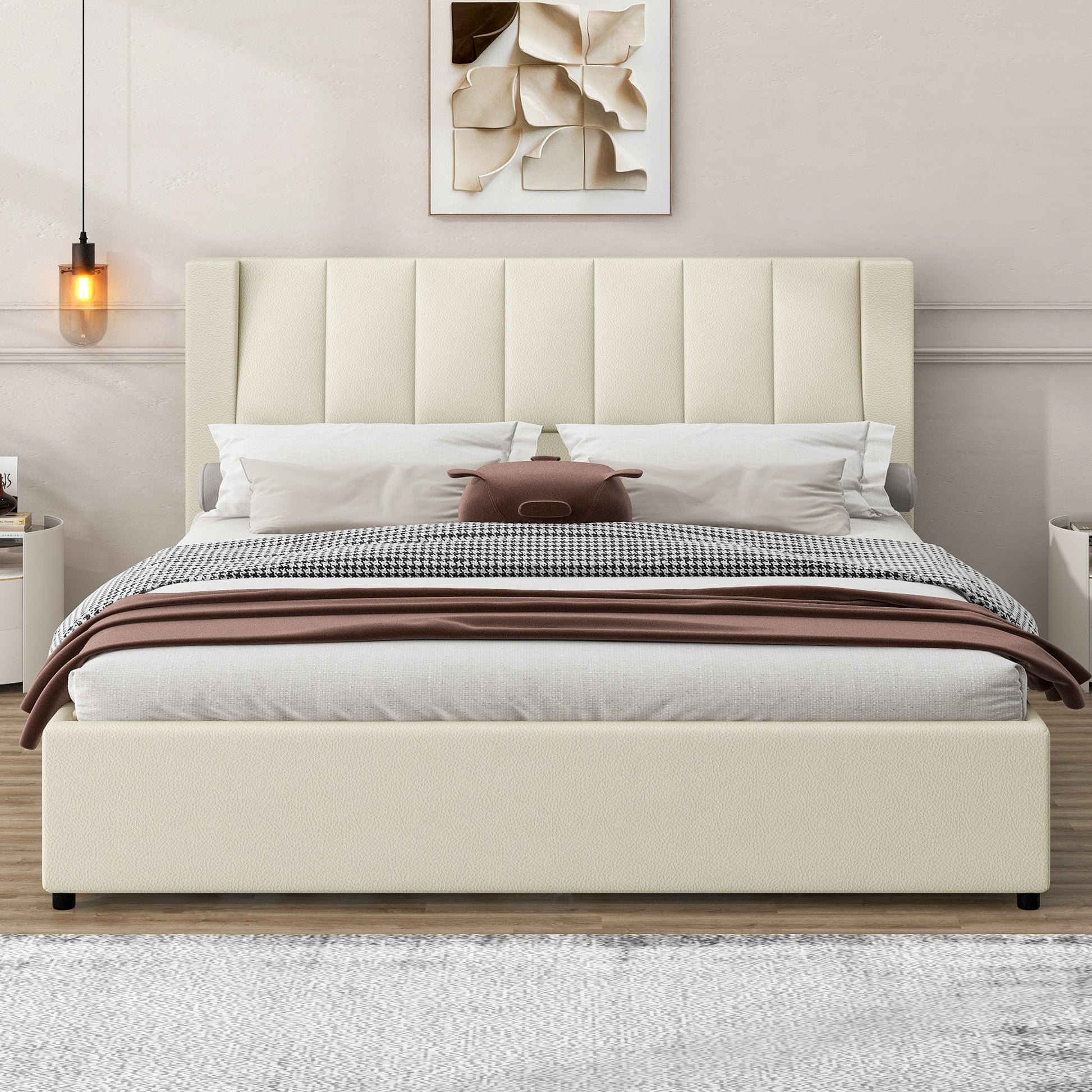 King Size Upholstery Platform Bed With Storage Headboard, 2 Drawers And Trundle,Beige King Beige Upholstered