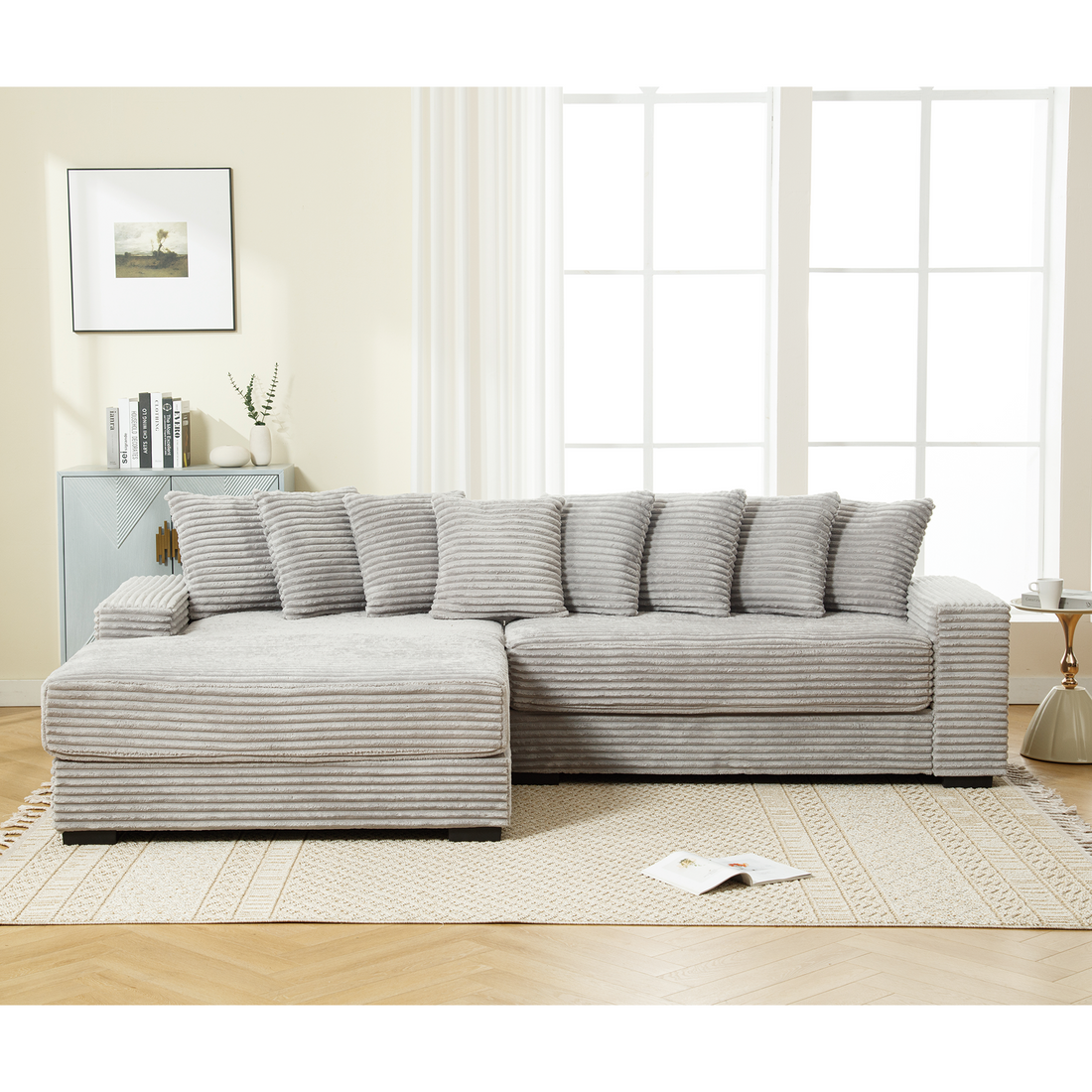 Arrived Oversized Two Piece Couches, L Shaped Sofa, Corduroy, Left Chaise Daybed,With Armrests,Eight Throw Pillows,Corner Sofa,Easy To Assemble, Gray Gray Polyester Wood Primary Living Space Medium Soft Pillow Back Modern Square Arms Wood 3 Seat