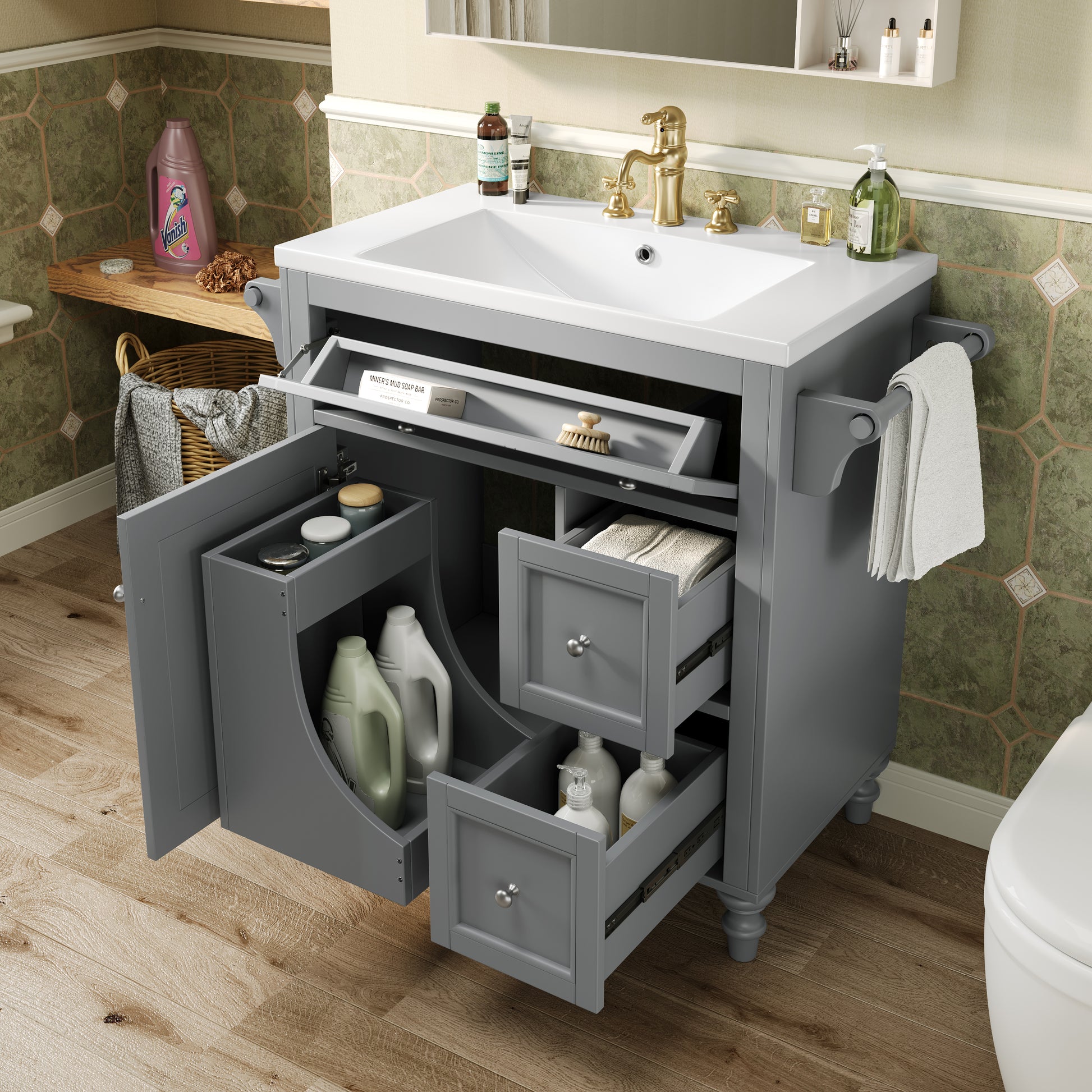 30'' Bathroom Vanity With Top Sink, Modern Bathroom Storage Cabinet With 2 Drawers And A Tip Out Drawer, Single Sink Bathroom Vanity Same As Sw000143Aae Grey Bathroom Modern Solid Wood Mdf Resin