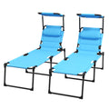 Outsunny 2 Pcs Outdoor Lounge Chair, Adjustable Backrest Folding Chaise Lounge, Cushioned Tanning Chair W Sunshade Roof & Pillow Headrest For Beach, Camping, Hiking, Light Blue Light Blue Steel