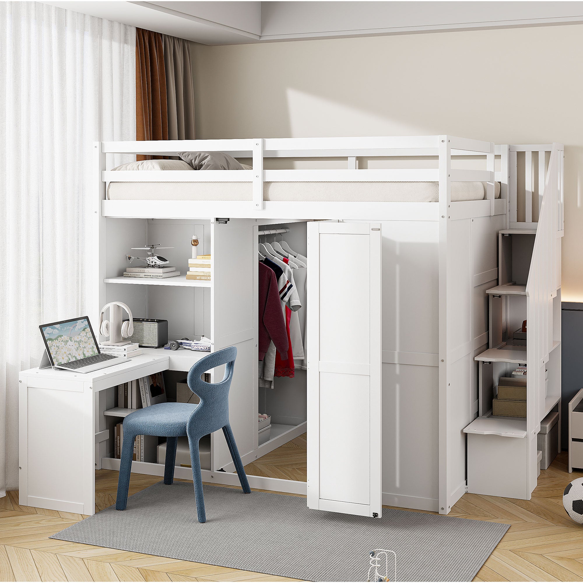 Full Size Loft Bed With Wardrobe,Desk And Shelves,White White Mdf Lvl