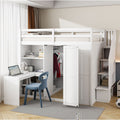 Full Size Loft Bed With Wardrobe,Desk And Shelves,White White Mdf Lvl