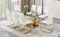 Table And Chair Set.Modern Rectangular Dining Table With Transparent Tempered Glass Tabletop And Gold Plated Metal Legs.Paried With 8 Comfortable Chairs With Pu Seats And Golden Metal Legs. Transparent,White Gold Seats 8 Glass Metal