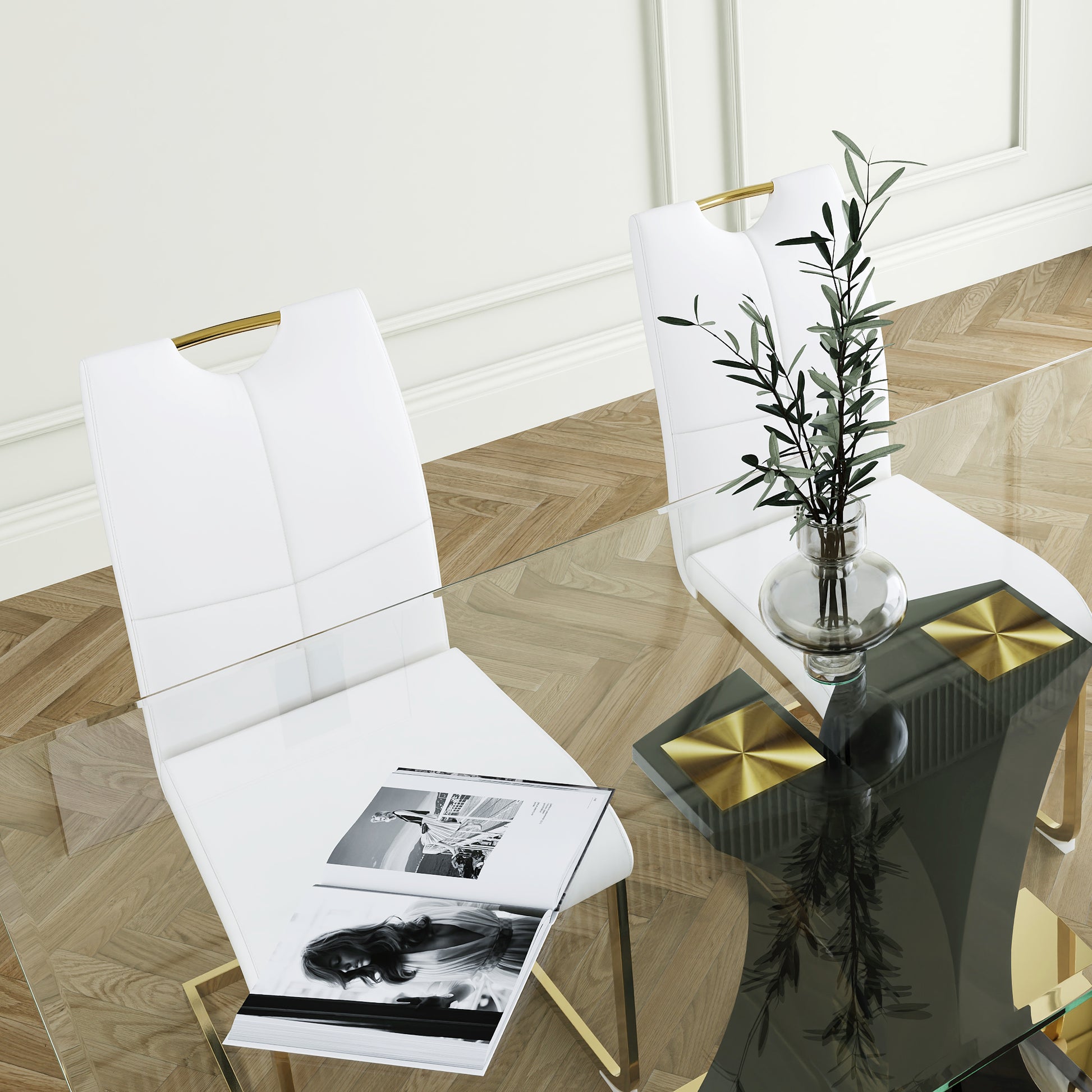 Modern Style Glass Dining Table, Elegant Transparent Design, Solid Support Base, White Dining Chair Set, Gold Plated Legs, Suitable For Restaurant Kitchen Use Set Of 5 White Gold Seats 4 Mdf Glass