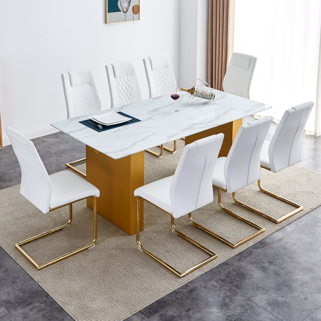 Table And Chair Set.Large Modern Rectangular Table With 0.4 Inch Patterned Glass Tabletop And Large Mdf Table Legs.Comes With 8 Chairs With Faux Leather Cushioned Seats And Golden Metal Legs. Gold White Seats 8 Mdf Glass