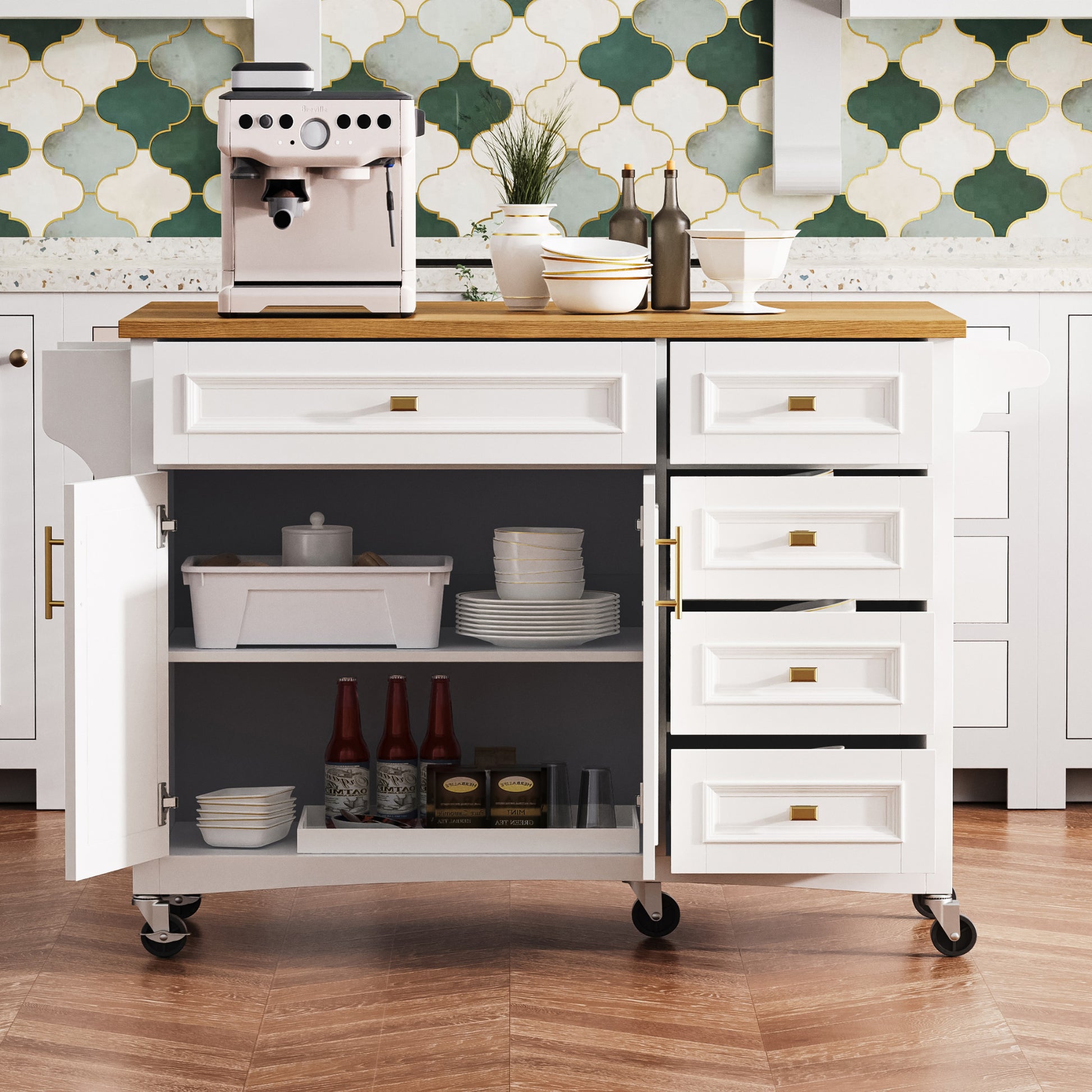 K&K 52'' Kitchen Island With Drop Leaf, Embossed Texture Kitchen Island On Wheels With Spice Rack, Towel Rack, 2 Doors And 5 Drawers, Kitchen Storage Cart With Adjustable Shelf For Kitchen, White