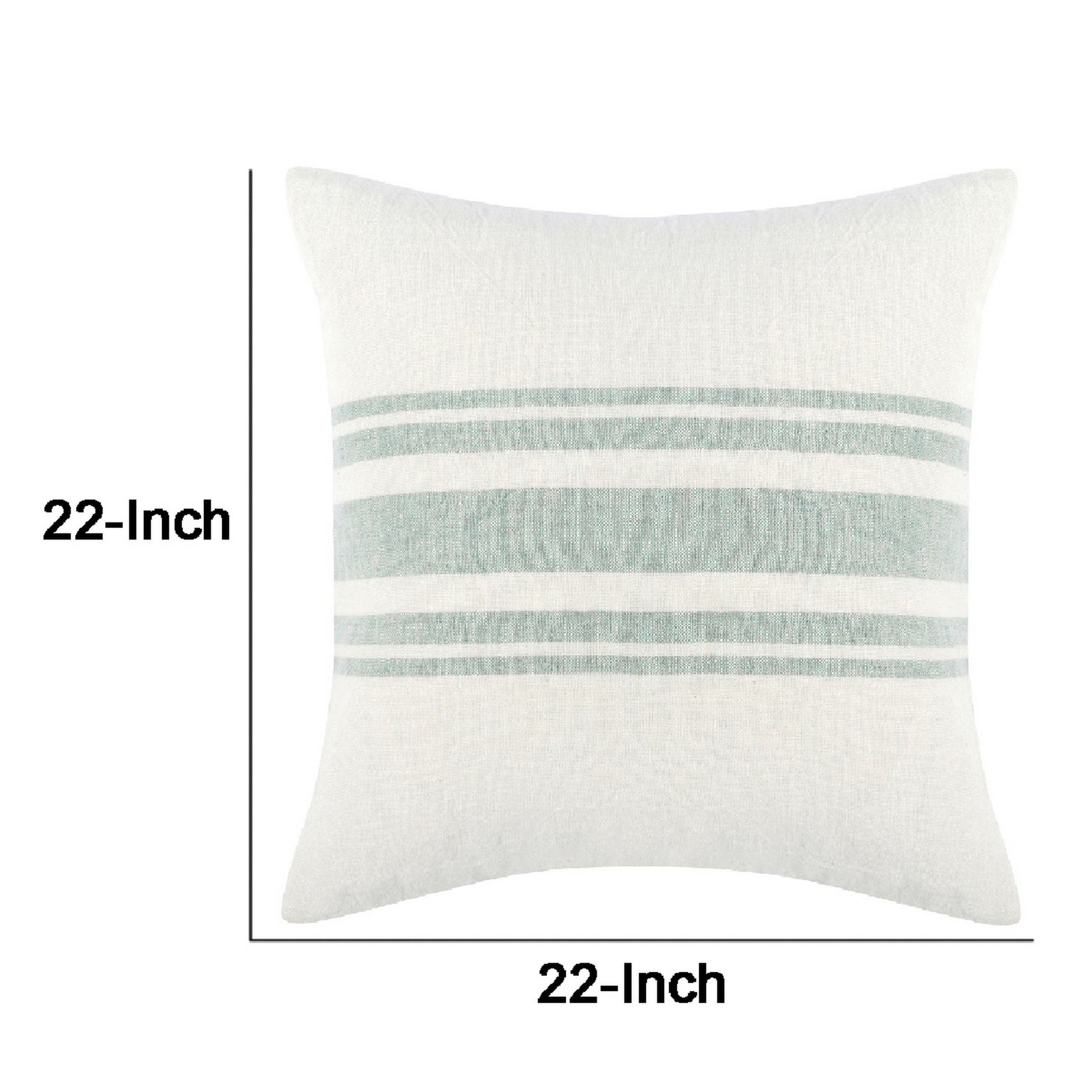 22 Inch Square Linen Accent Throw Pillow, Stripe Design, Eucalyptus, White White Green Wood