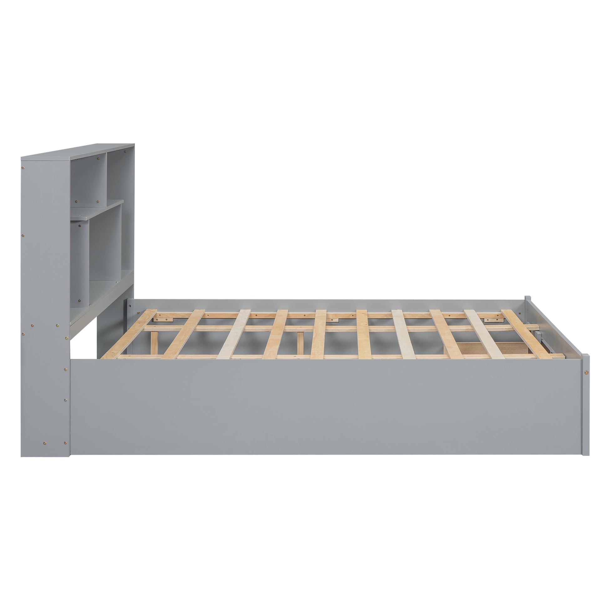 Queen Size Platform Bed With Storage Headboard And 2 Drawers, Gray Box Spring Not Required Queen Gray Wood Bedroom Bed Frame Solid Wood Mdf