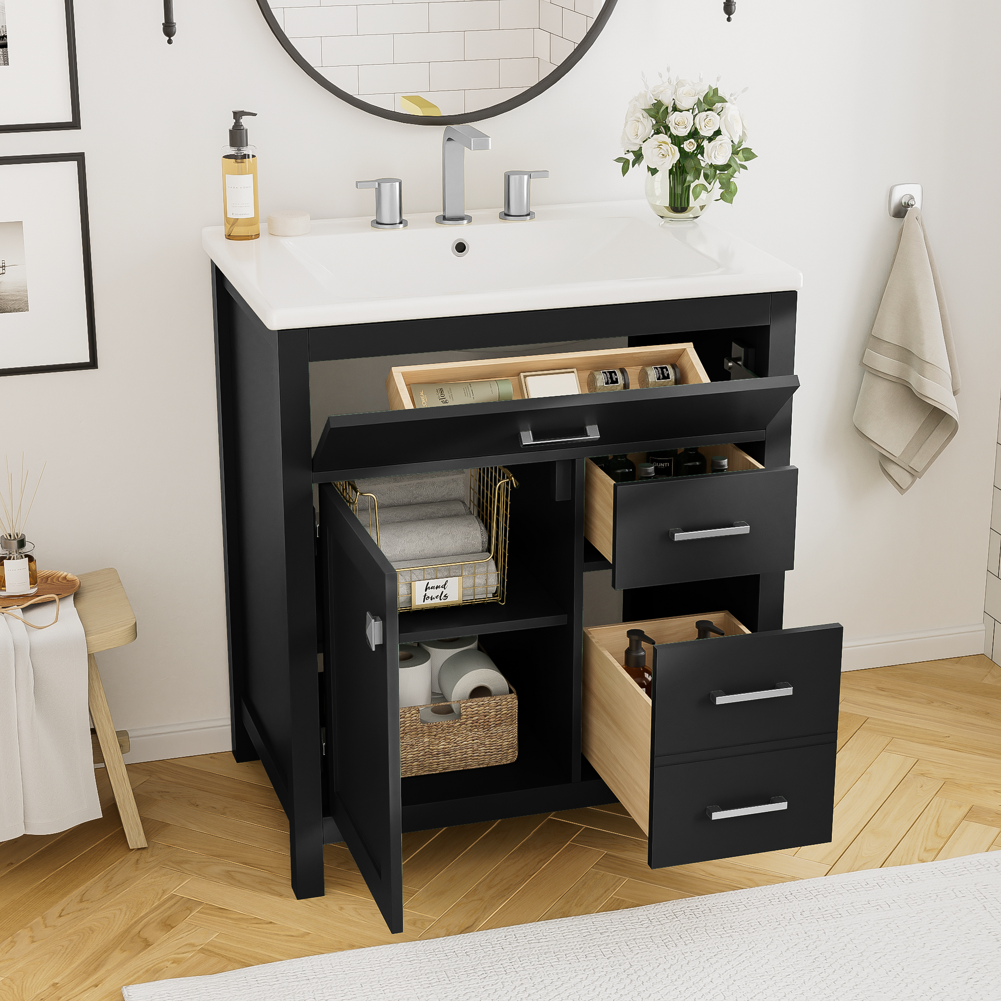 30 Inch Black Bathroom Vanity With Ceramic Sink And Large Storage Ideal Choice For Small Bathrooms Black Bathroom Solid Wood Mdf