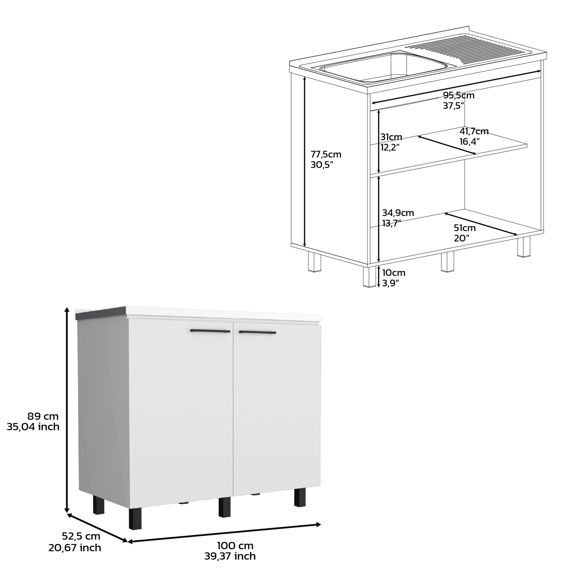 2 Freestanding Utility Base Cabinet With Stainless Steel Countertop And 2 Door, White White Solid Wood Mdf Engineered Wood