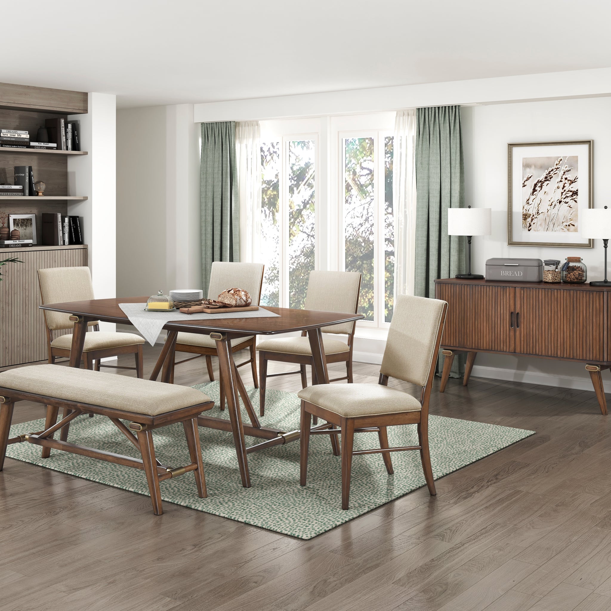 Modern Design 6Pc Dining Set Table Bench And 4X Side Chairs Fabric Upholstered Seat Brown Finish Wooden Dining Kitchen Furniture Brown Mix Seats 6 Dining Room Bench Seating Modern Dining Table With Chair And Bench Wood