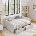 Queen Size Daybed With Two Drawers Trundle Upholstered Sofa Bed, With Vertical Stripes, Linen Fabric, Beige 86.5
