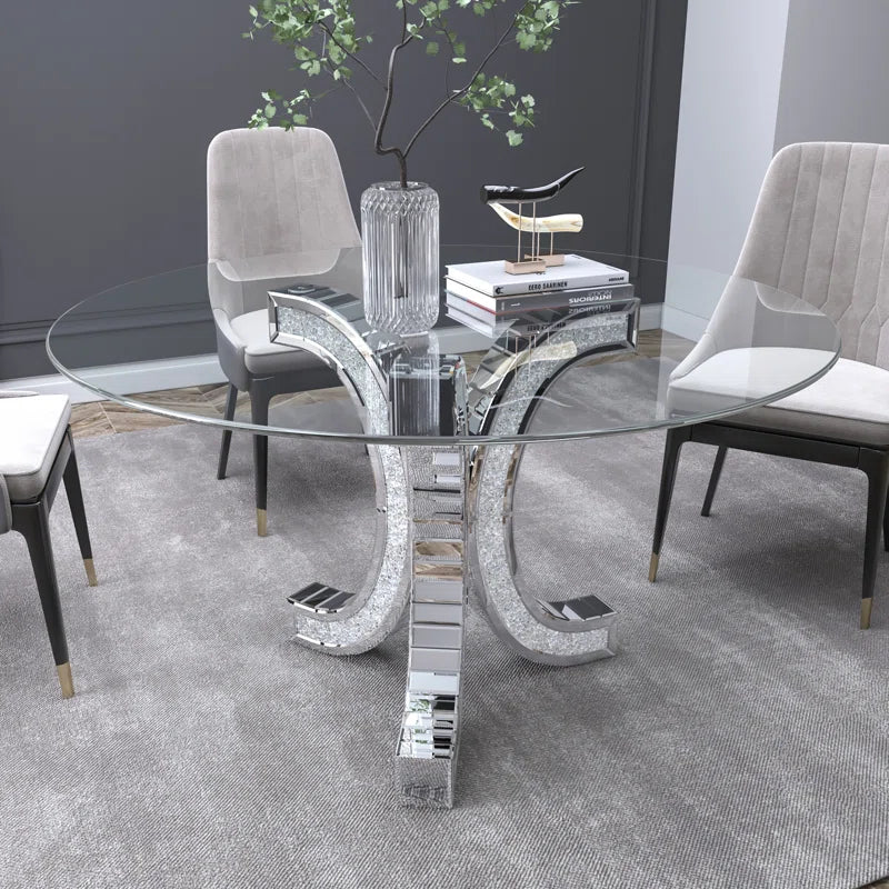 52'' Mirror Glass Pedestal Dining Table With Tempered Glass Tabletop Silver Mirrored Finish Desk And Hutch Dining Room Luxury,Modern Tabeltop Round Kitchen & Dining Tables Glossy Round Mdf Glass