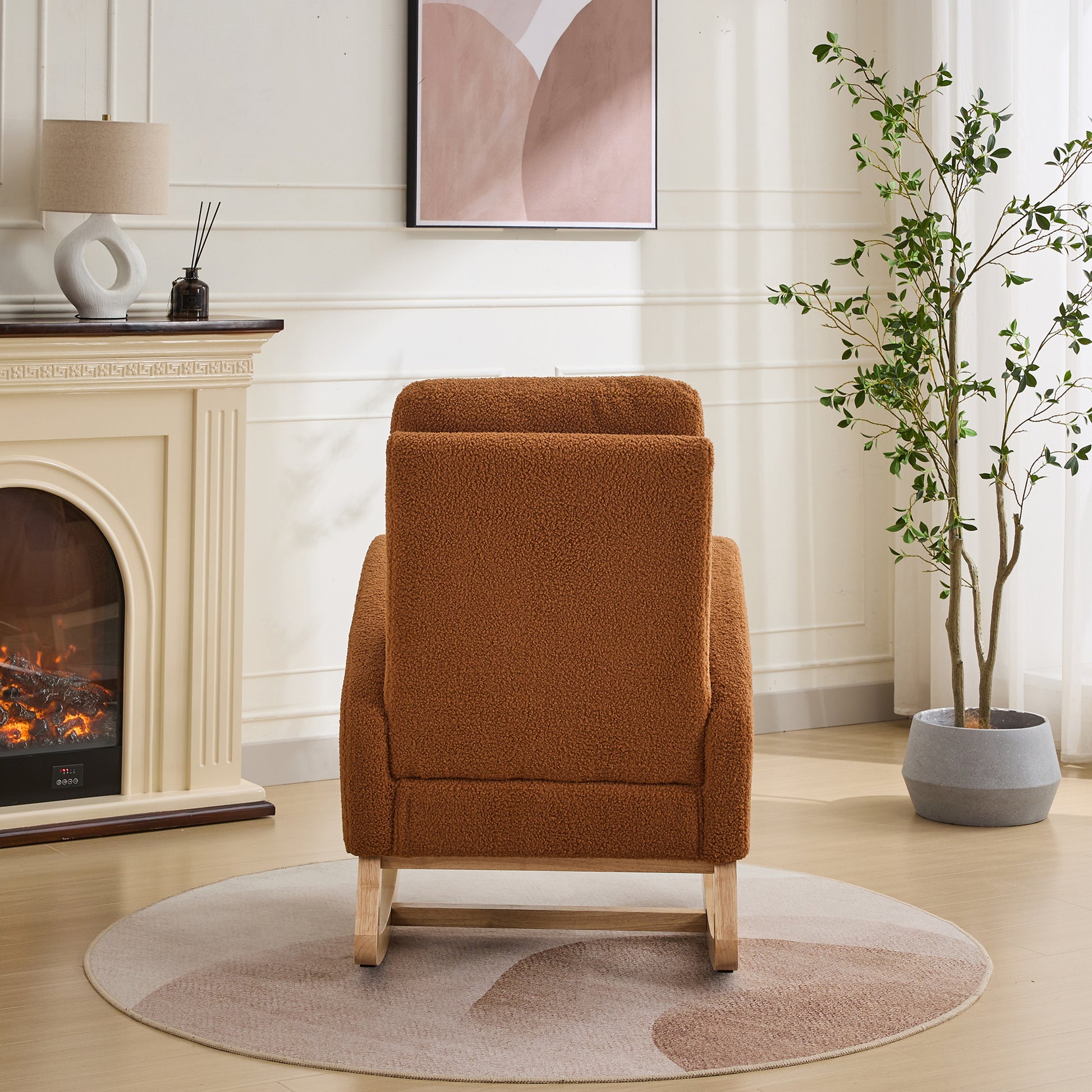 27.2"W Rocking Chair For Nursery, Sherpa Glider Chair With High Back And Side Pocket, Rocking Accent Armchair With Rubber Wood Legs For Living Room Bedroom.Caramel Caramel Sherpa
