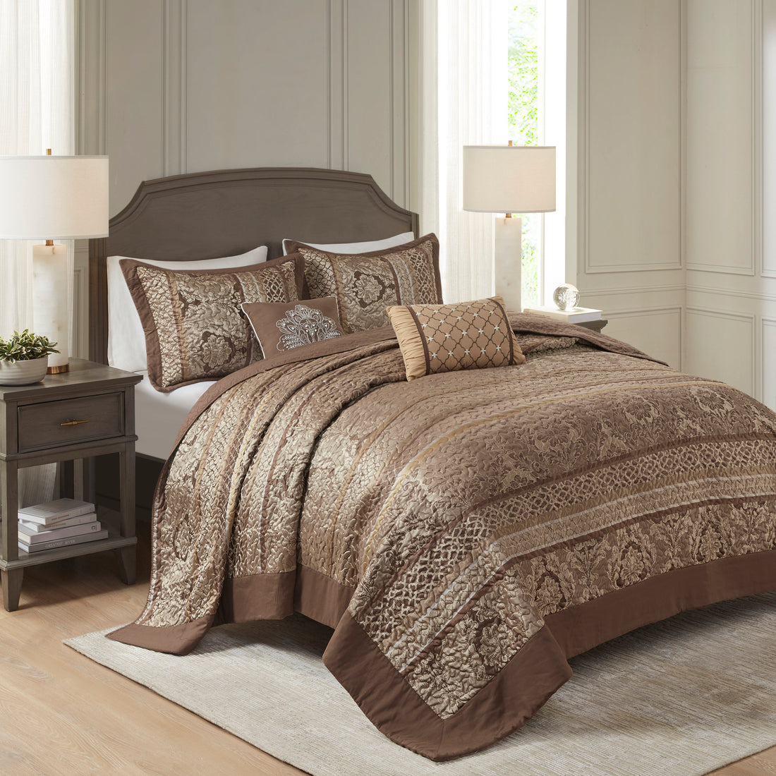 5 Piece Reversible Jacquard Bedspread Set Brown Gold King King Brown Gold Microfiber
