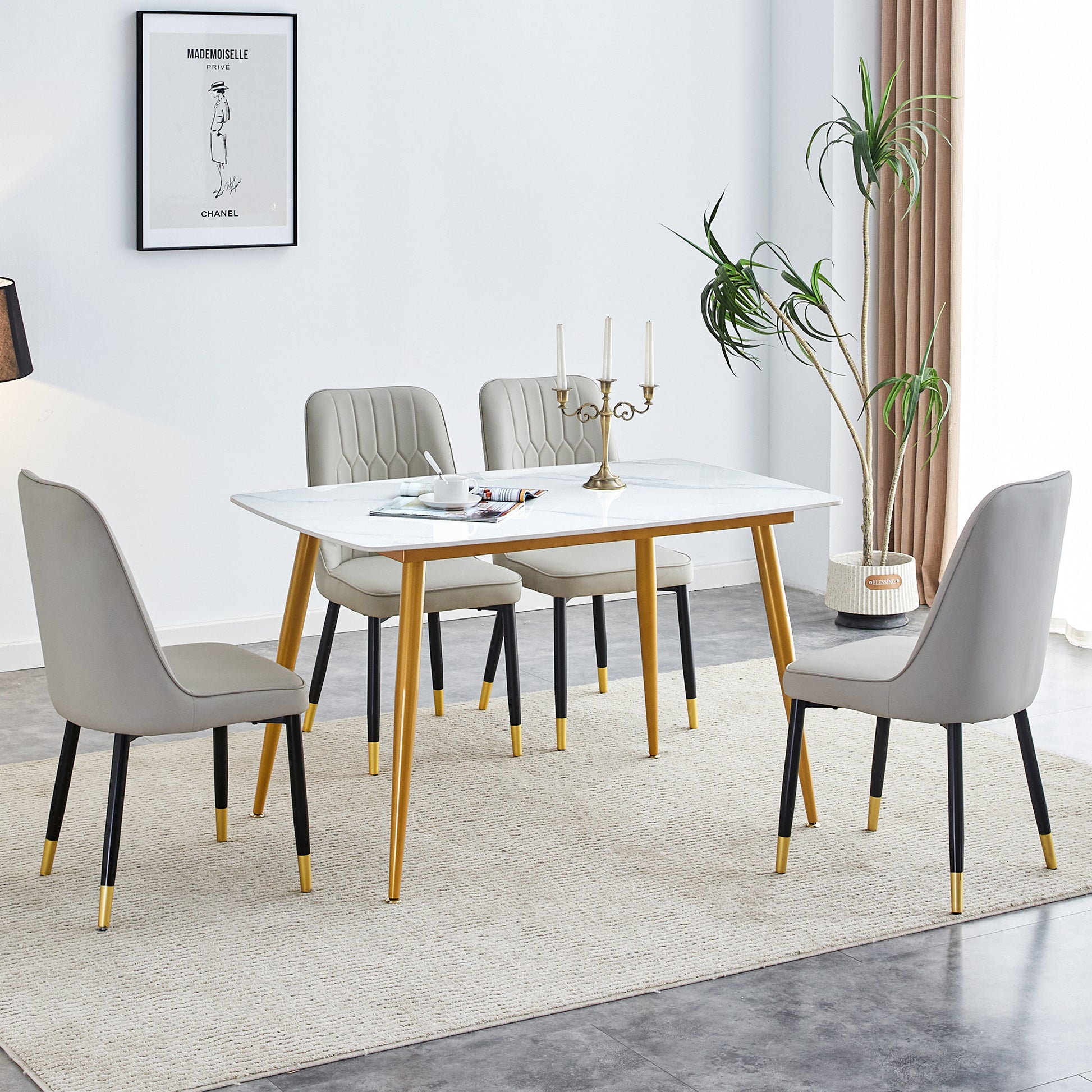 Table And Chair Set.A Morden Table With White Imitation Marble Patterned Stone Burning Tabletop With Golden Metal Legs.Paried With 4 Chairs With Pu Leather Backrest And Black Metal Legs. Light Gray,White Gold Seats 4 Metal,Sintered Stone