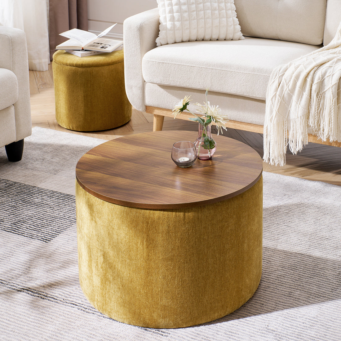 2 Piece Set Round Chenille Storage Ottoman, Equipped With A Drum Shaped Small Stool, Storage Space, And Mdf Made Desktop Panel Dark Yellow 23.62"X23.62"X16.53" Dark Yellow Chenille