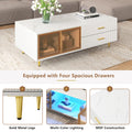 Modern White Coffee Table With 2 Glass Door Storage, 4 Drawers, Gold Metal Legs, And Multi Color Lighting In 47.2'' White Drawers Mdf