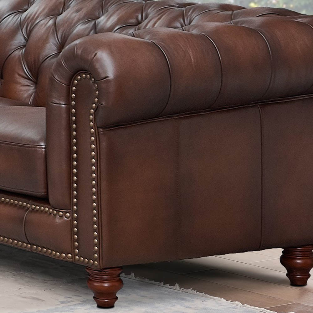 Alton Bay Top Grain Leather Sofa Couch Brown Genuine Leather Wood Primary Living Space Medium Firm Tufted Back Mid Century Modern Eucalyptus Rolled Arms Down Filling Leather 3 Seat