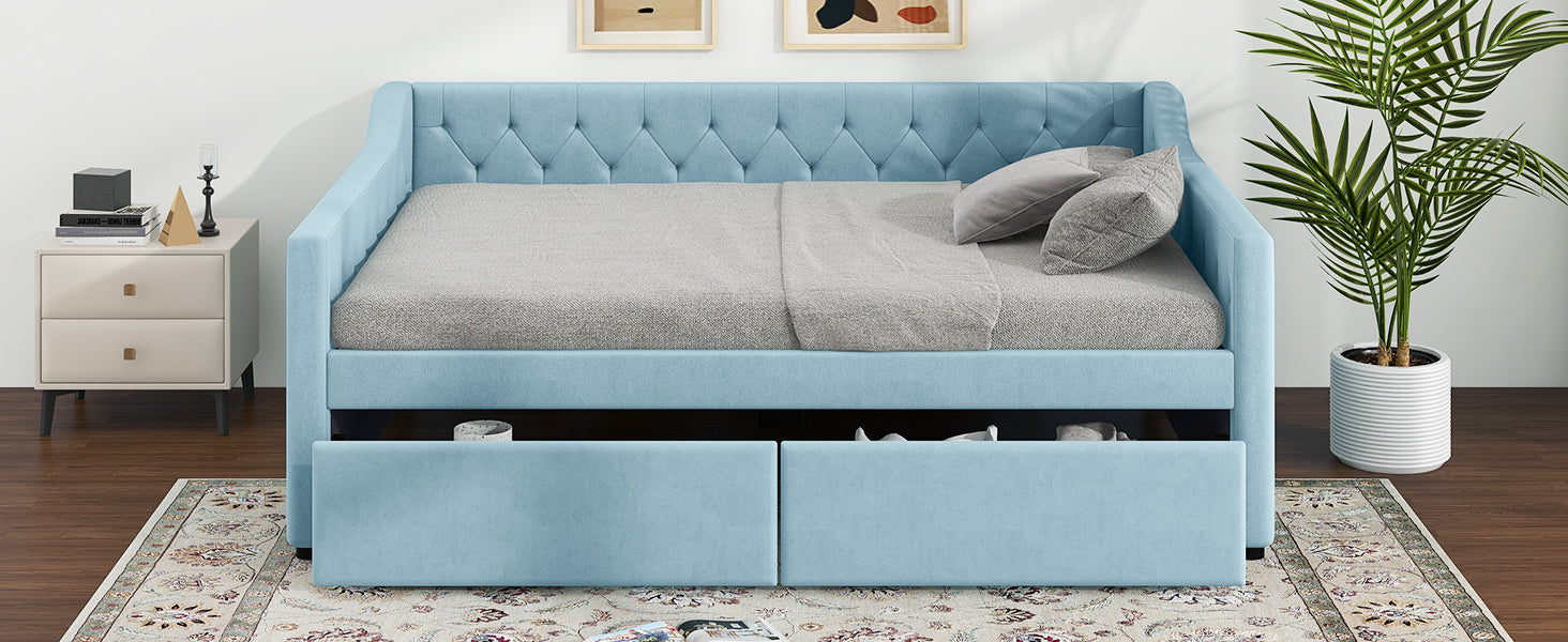 Full Size Upholstered Tufted Daybed With 2 Drawers, Blue Box Spring Not Required Full Blue Wood Daybeds Velvet Upholstered
