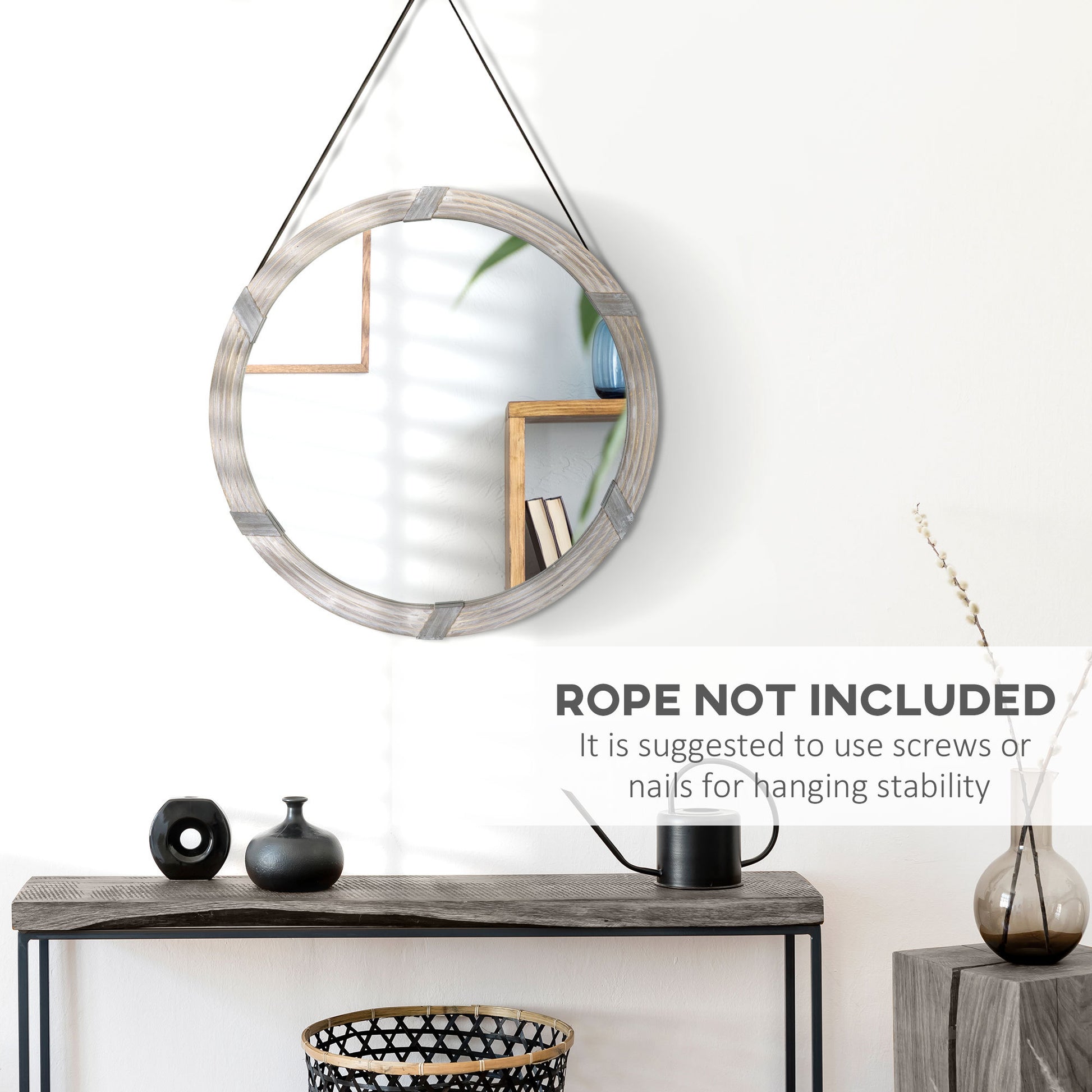 Homcom 30.75" Wood Wall Mirror, Farmhouse Decorative E Round Mirror For Wall Decor In Living Room, Bedroom, Natural Wood Color Natural Wood Mdf