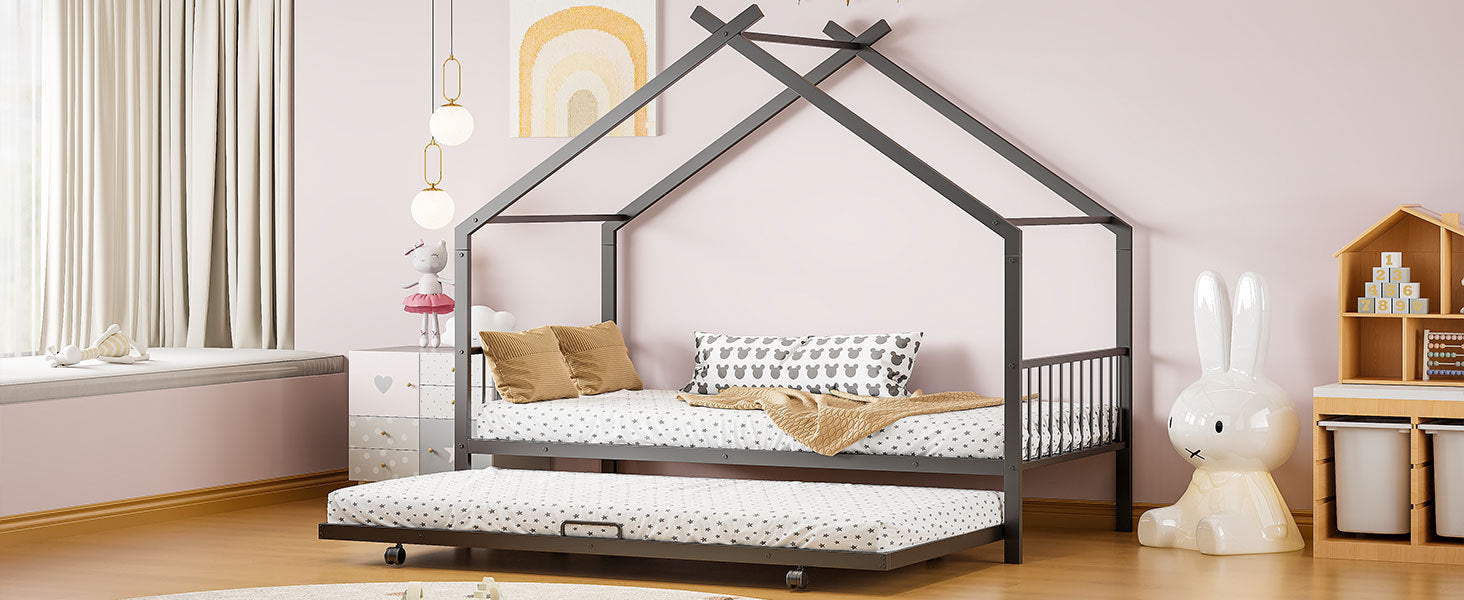 Twin Size Metal House Bed With Twin Size Trundle, Black Twin Black Metal