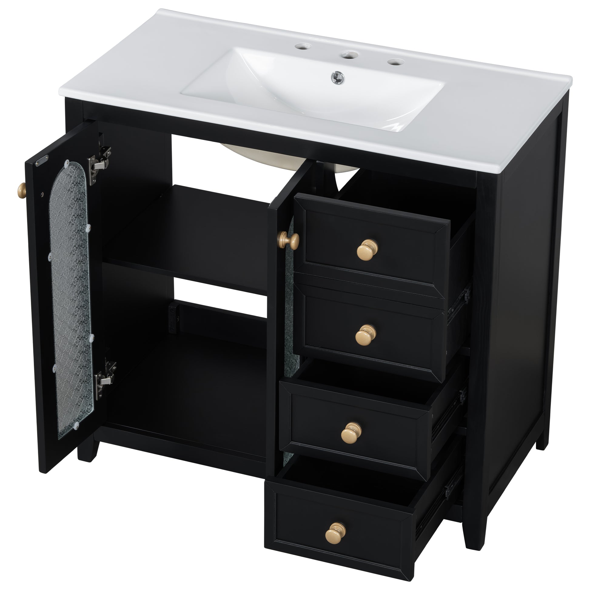 36 Inch Bathroom Vanity With Two Soft Close Doors, Adjustable Shelves And Three Soft Close Drawers Black Bathroom Solid Wood Mdf