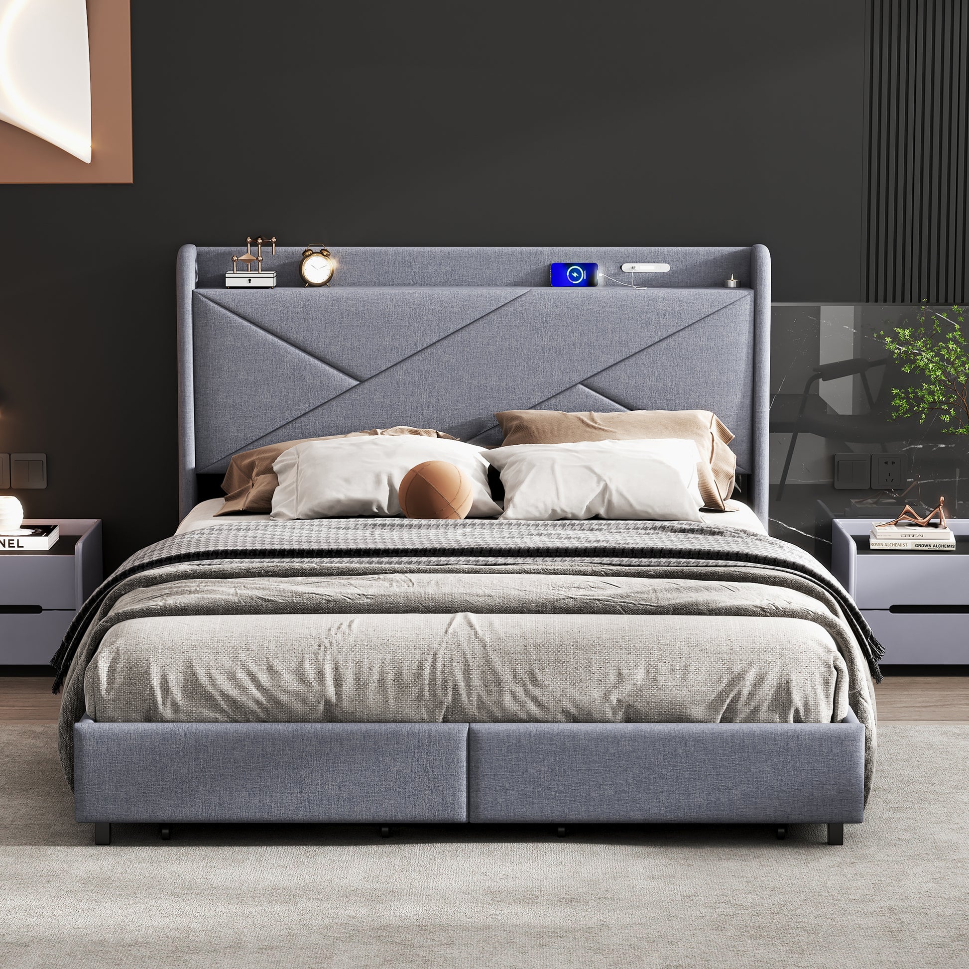 Queen Size Upholstery Platform Bed With Storage Headboard, Led, Usb Charging And 2 Drawers, Gray Queen Gray Upholstered