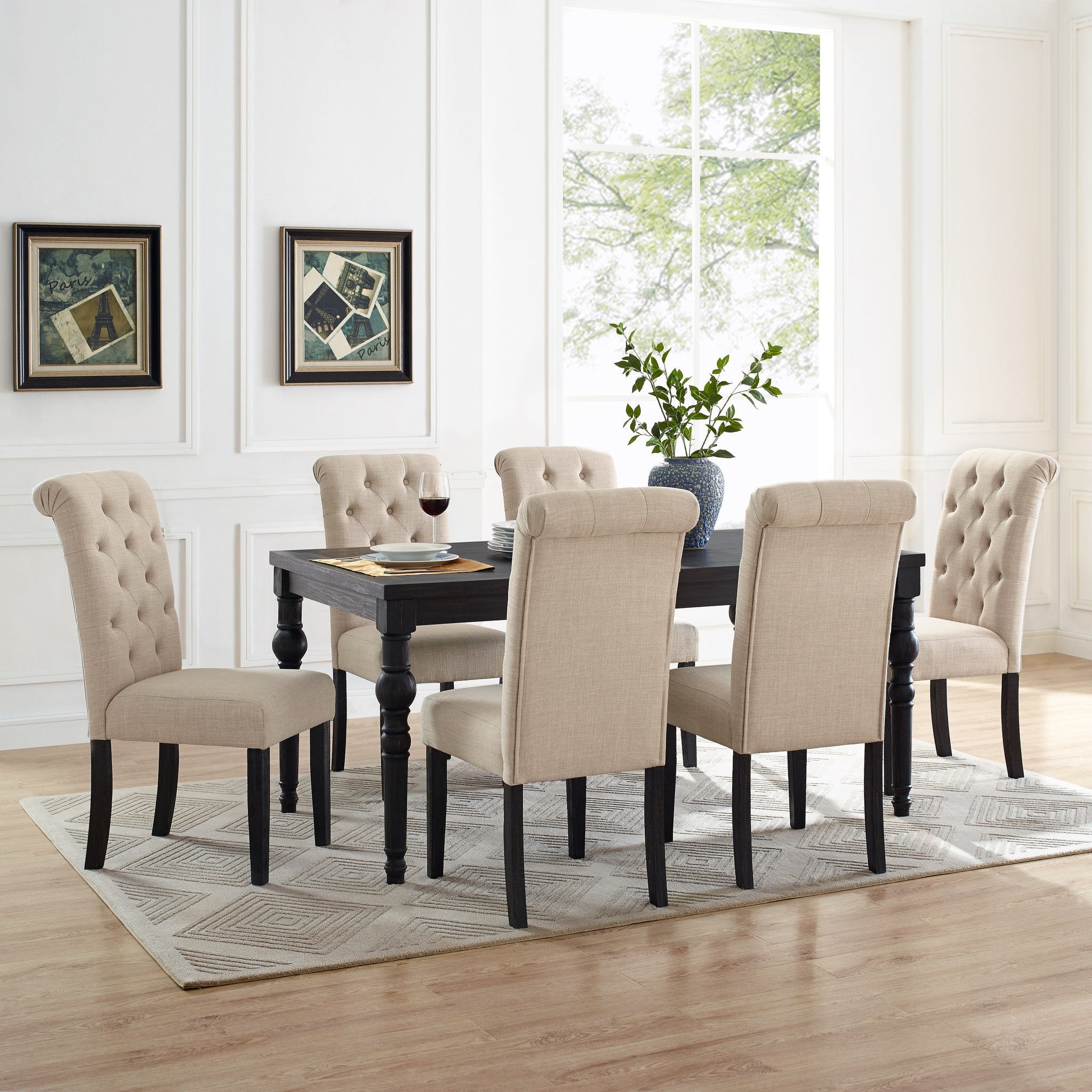 Leviton Urban Style Wood Dark Wash Turned Leg Dining Set: Table And 6 Chairs Wood Black Seats 6 Wood Dining Room Fixed Table Rubberwood Rectangular 4 Leg Rectangular Dining Table With Chair Mdf