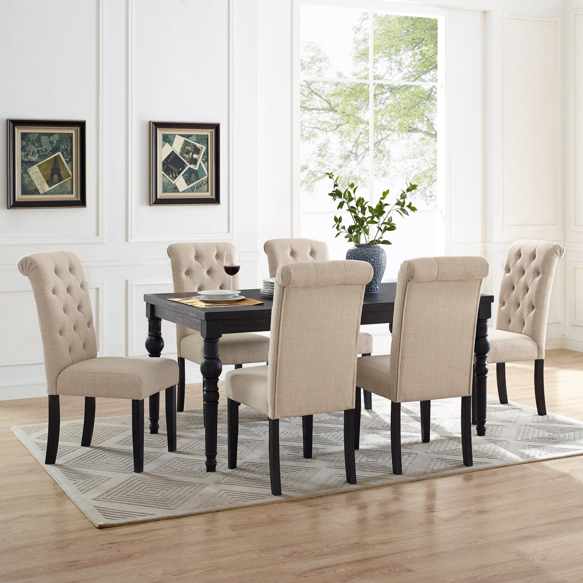 Leviton Urban Style Wood Dark Wash Turned Leg Dining Set: Table And 6 Chairs Wood Black Seats 6 Wood Dining Room Fixed Table Rubberwood Rectangular 4 Leg Rectangular Dining Table With Chair Mdf