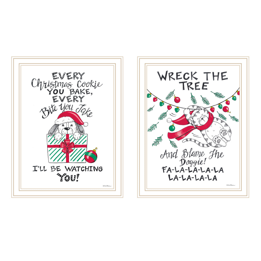 2 Piece Vignette Cat & Dog Christmas Enjoyment White Framed Wall Art For Living Room, Bedroom Wall Art Print For Home Decor By Deb Strain Multi Wood Paper