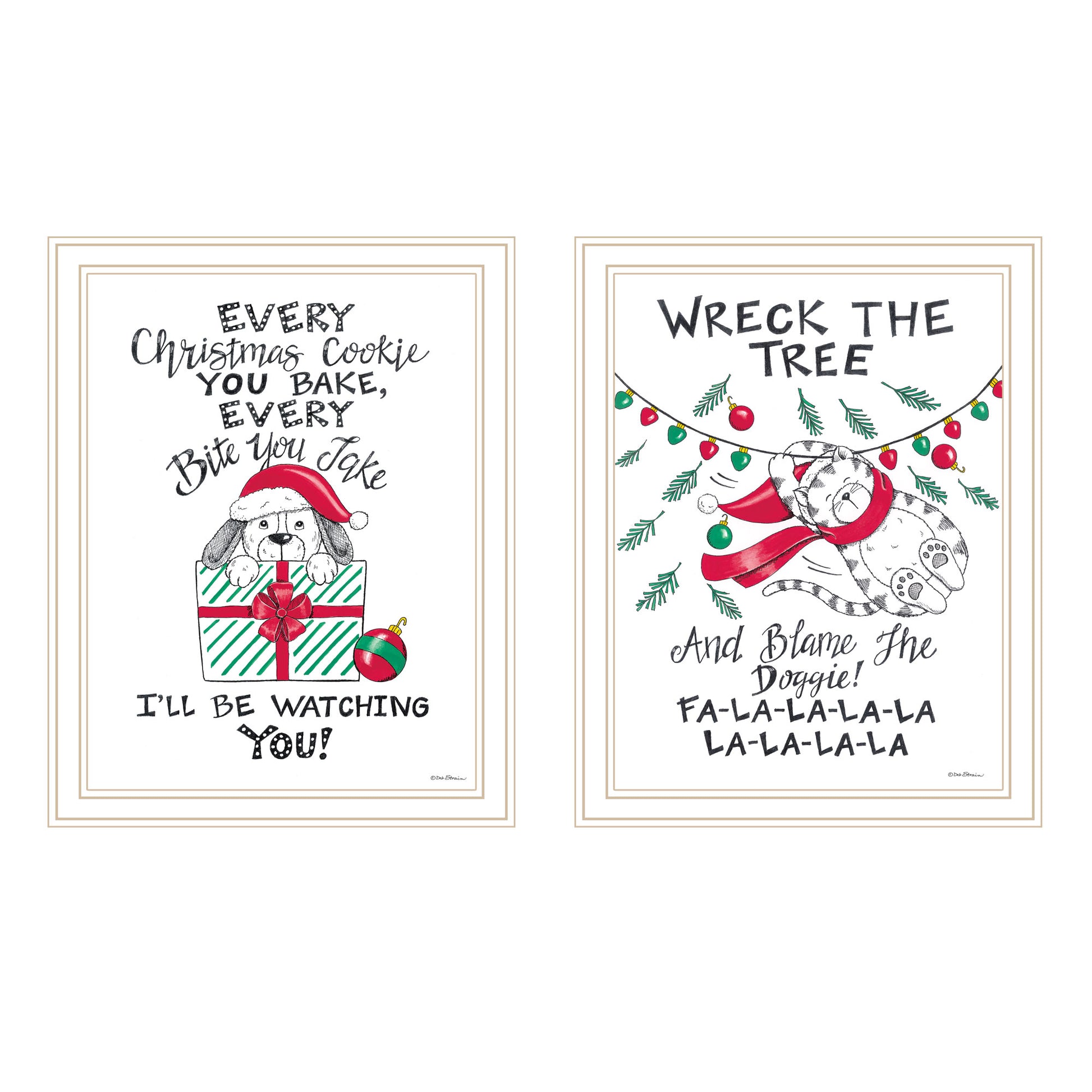 2 Piece Vignette Cat & Dog Christmas Enjoyment White Framed Wall Art For Living Room, Bedroom Wall Art Print For Home Decor By Deb Strain Multi Wood Paper