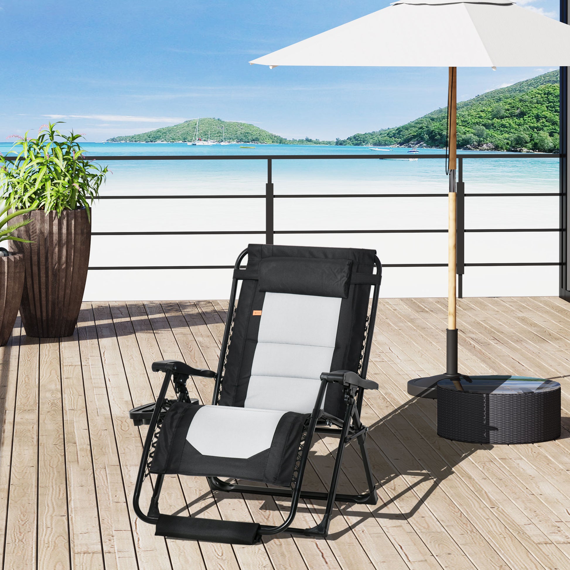 Outsunny Foldable Outdoor Lounge Chair With Footrest, Oversized Padded Zero Gravity Lounge Chair With Headrest, Side Tray, Cup Holders, Armrests For Camping, Lawn, Garden, Black Black Steel