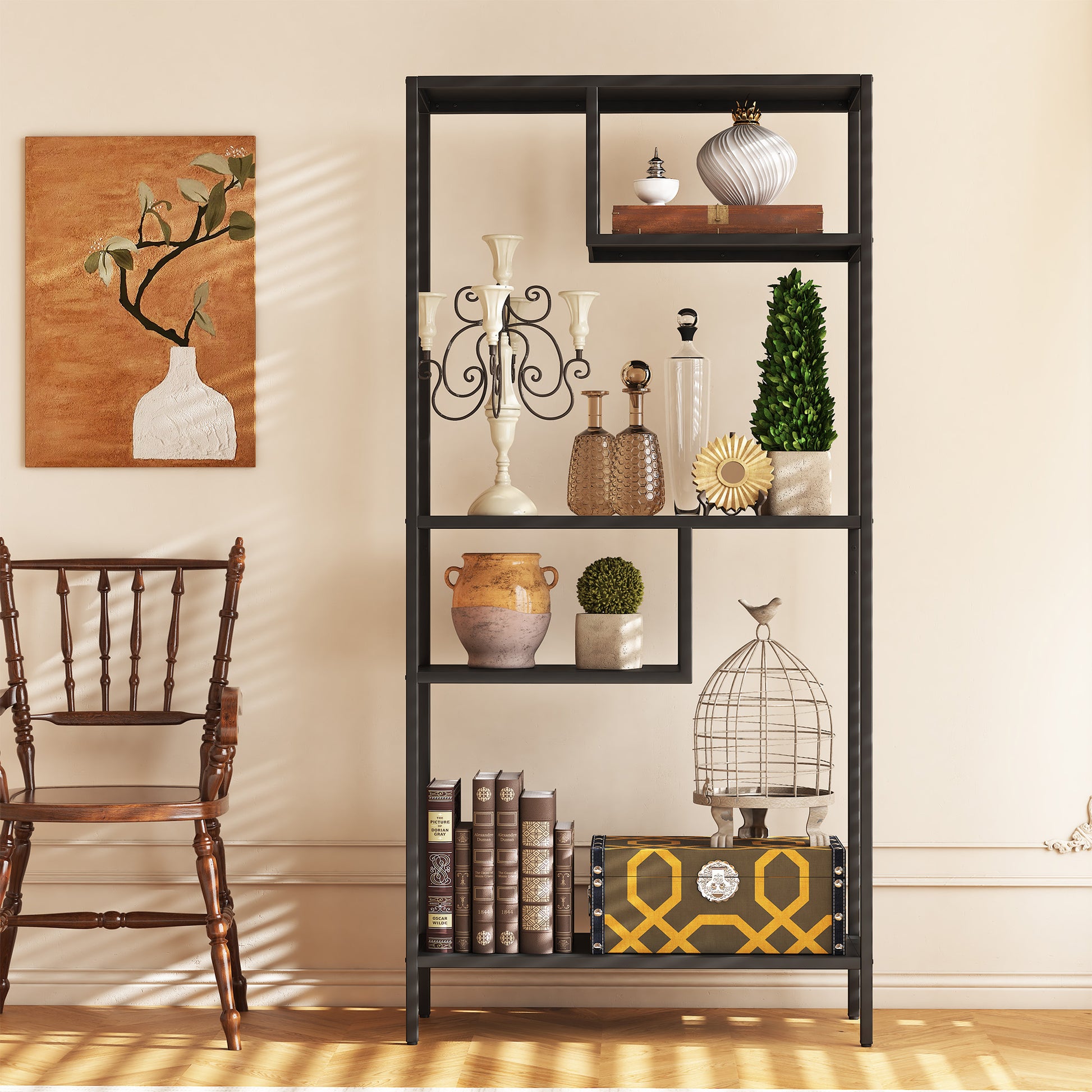 Modern Storage Shelf With 4 Compartments & Metal Legs, Freestanding Organizer,Book Shelves Display Shelves For Living Room, Bedroom, Home Office 4 Black Standard Primary Living Space Open Back Metal