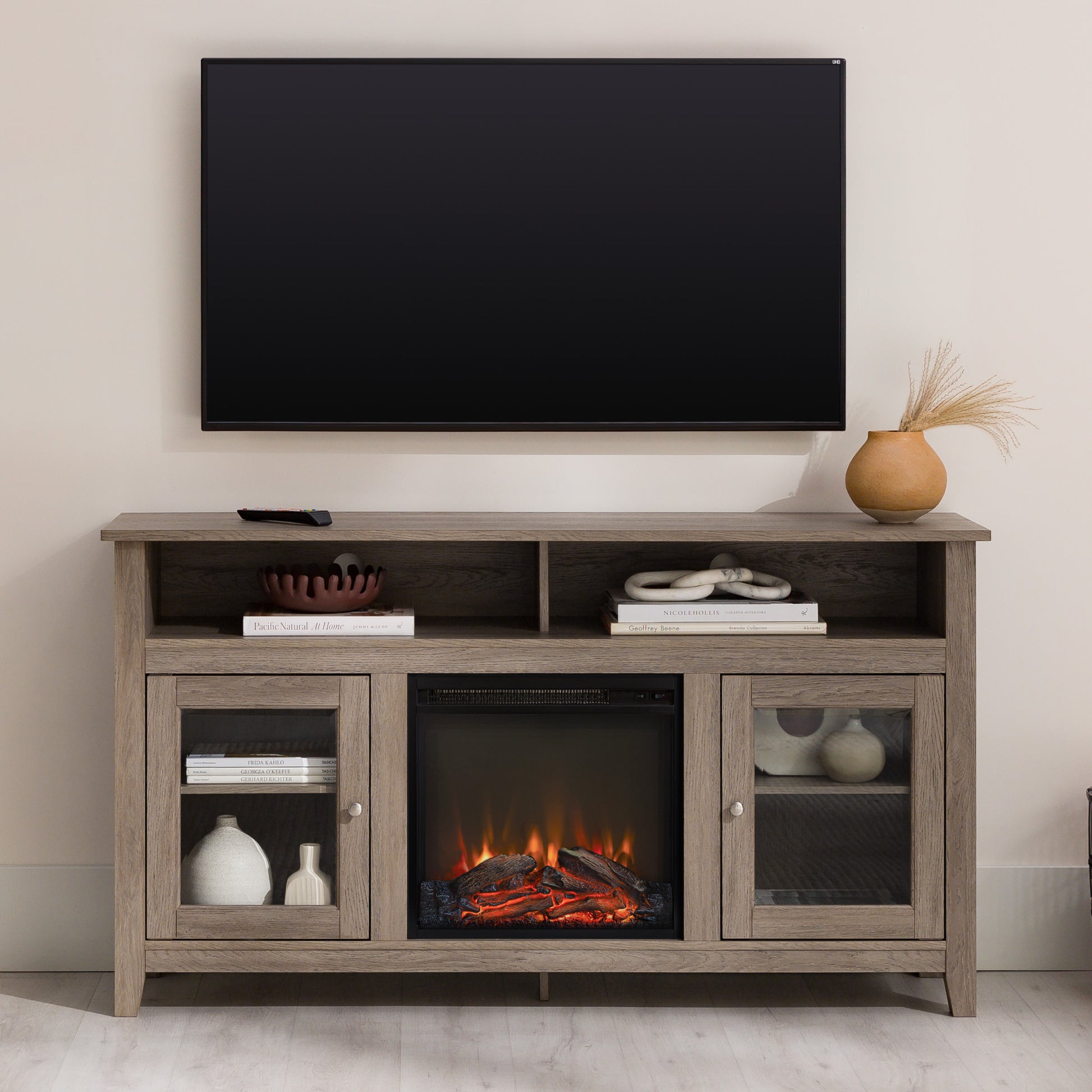 Classic Glass Door Fireplace Tall Tv Stand For Tvs Up To 65" Driftwood Reclaimed Barnwood Mdf
