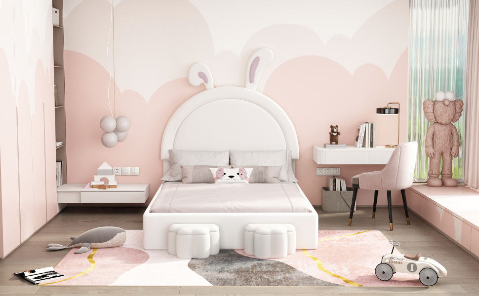 Full Size Upholstered Rabbit Shape Bed With 2 Storage Stools, Velvet Platform Bed With Cartoon Ears Shaped Headboard, White Full White Wood