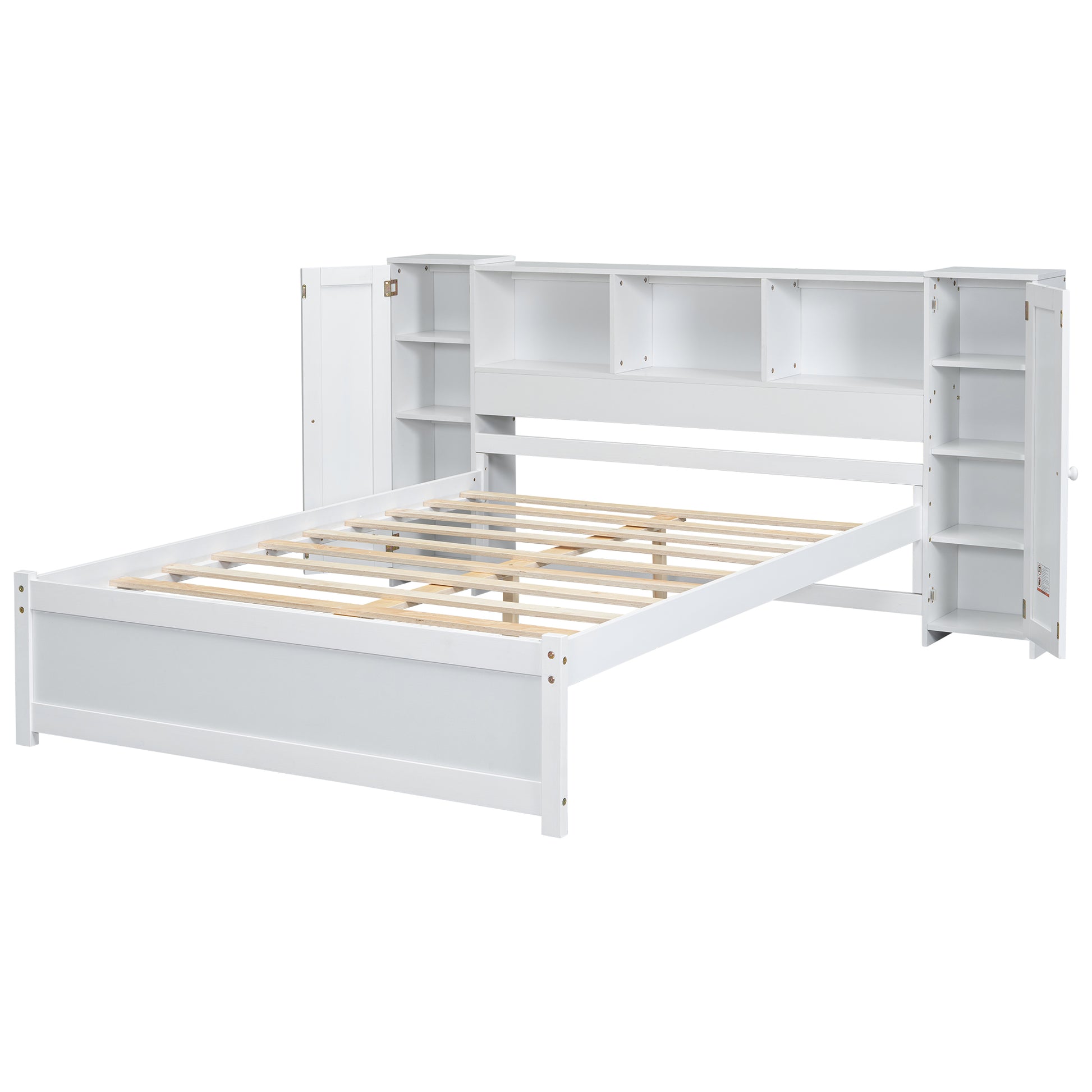 Full Size Platform Bed With Storage Headboard And Lockers, White Full Box Spring Not Required White Wood Bedroom Solid Wood Mdf