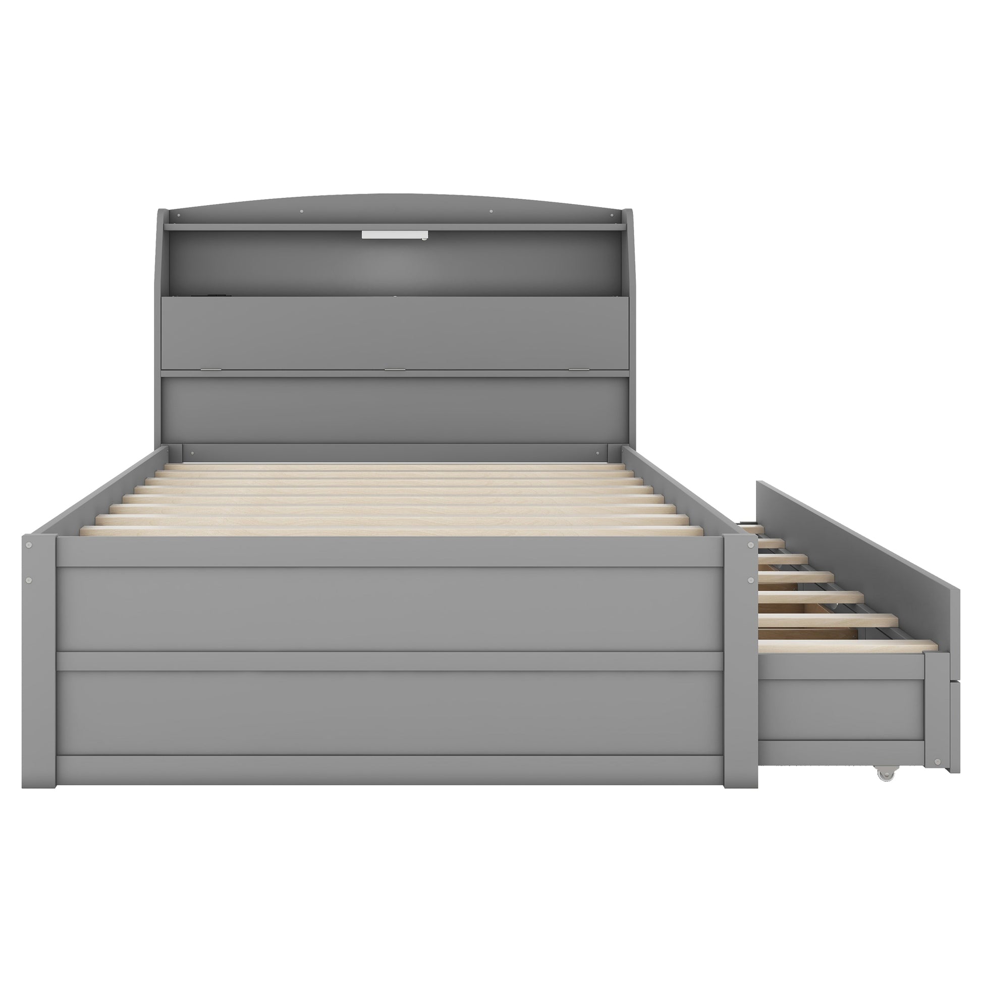 Full Size Wooden Led Platform Bed With Trundle, With Storage Headboard, With Drawers, Gray Full Gray Plywood