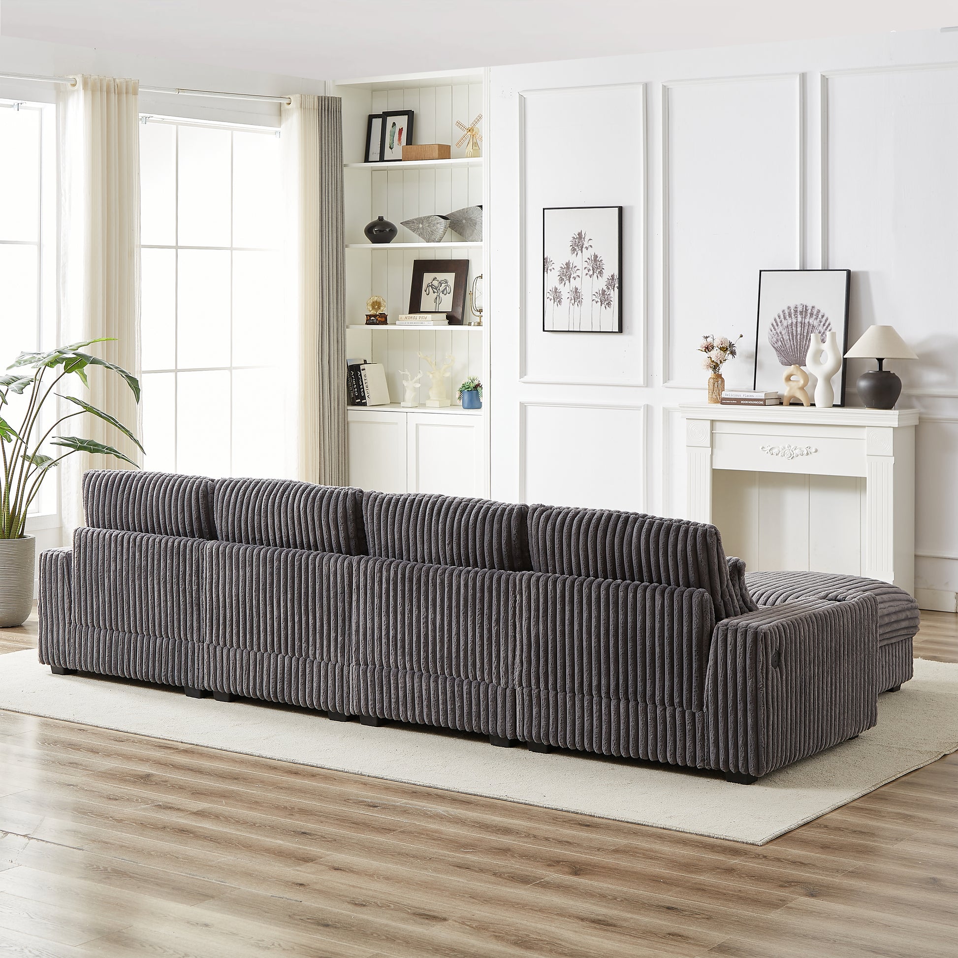 128 Inch Corduroy With Cup Holder Super Large L Shaped Sofa, Movable Footrest, Four Waist Pillows And Four Back Cushion, With Usb Port And T Pyce Port Grey Corduroy 4 Seat