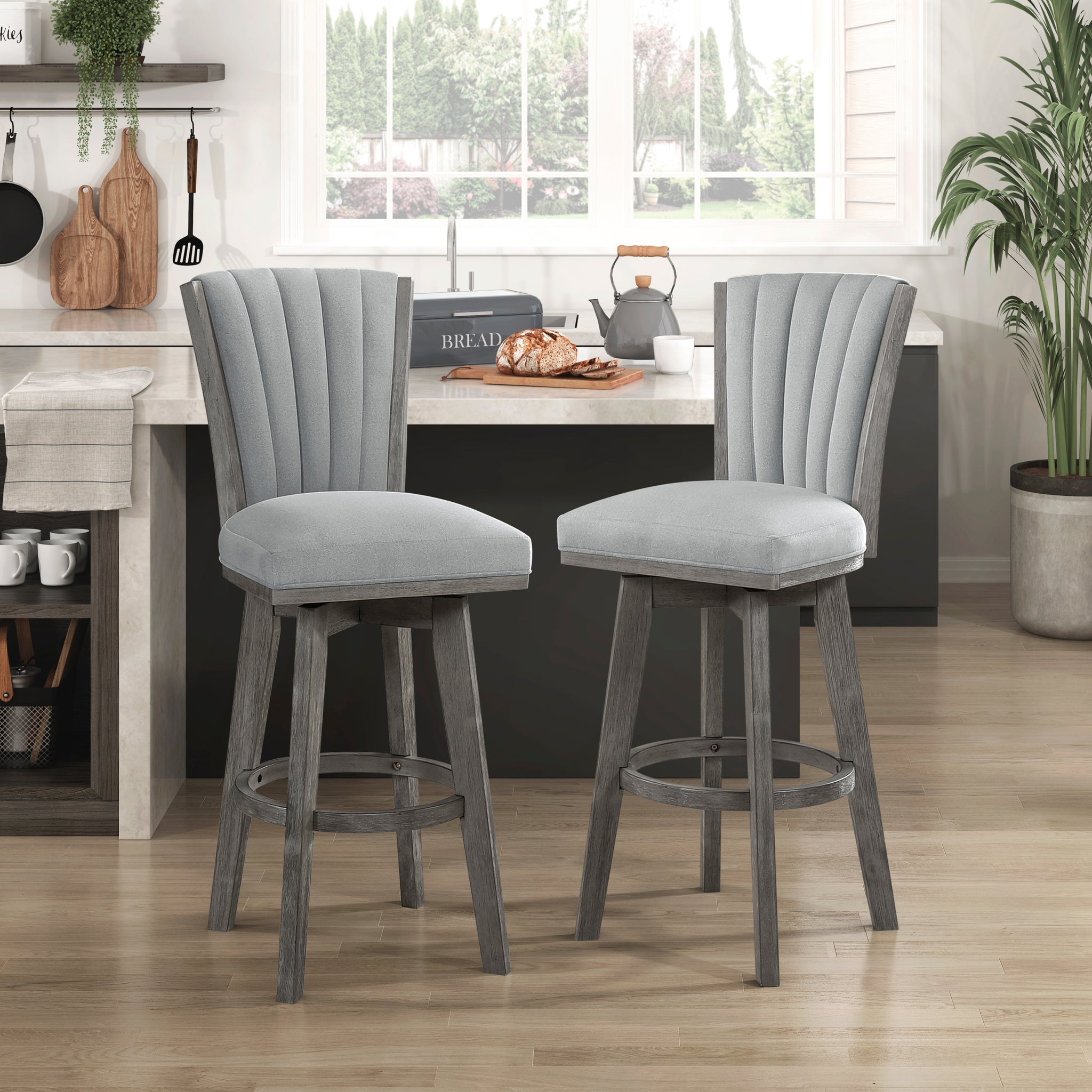 Gray Finish Set Of 2 Pub Height Chairs Swivel Seat Tufted Fabric Upholstered Solid Wood Dining Furniture Transitional Style Gray Dining Room Transitional Solid Wood